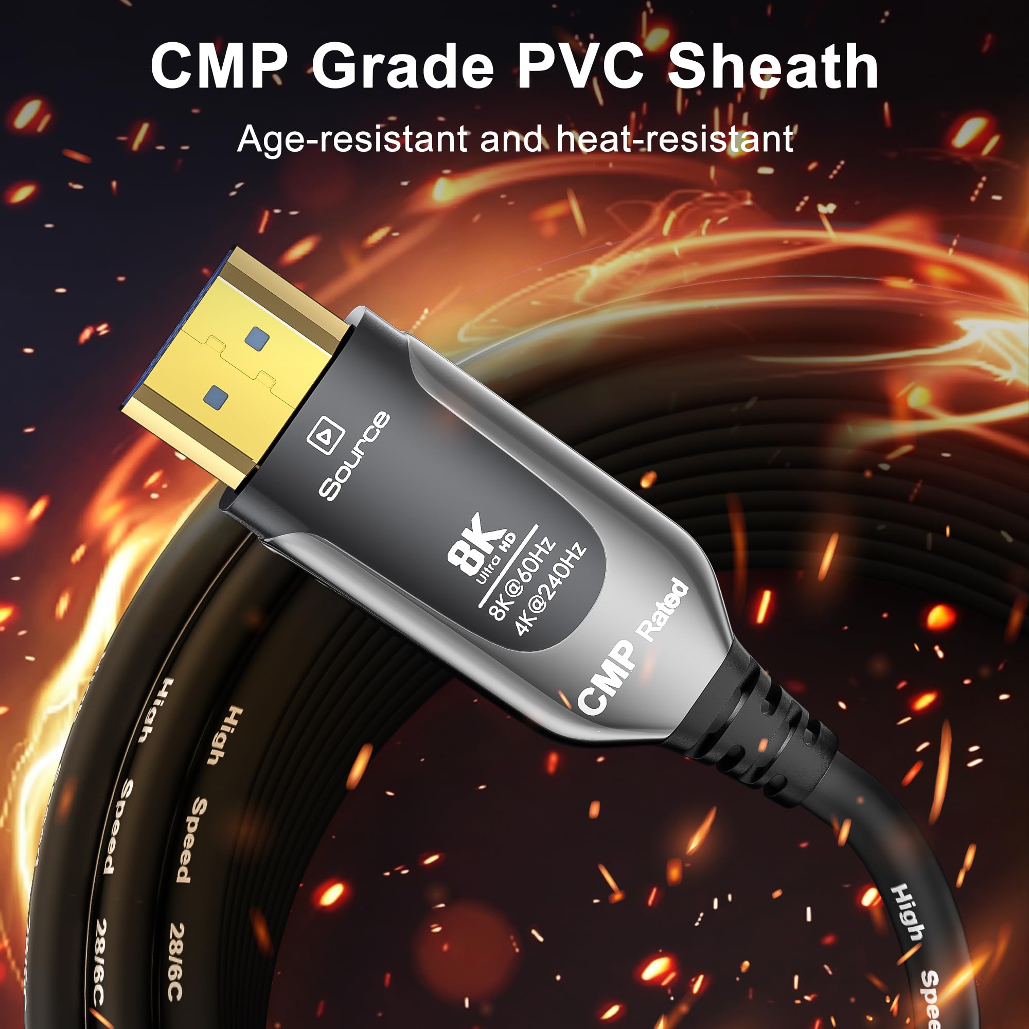 Cavo a fibra ottica HDMI 2.1 nominale Plenum (CMP) 50FT-8K 48Gbps | Cavi Plenum-Rated per tubi, supporta 8K@60Hz e 4K @240Hz, HDR dinamico, per PS5, Xbox Series X/S, TV, monitor