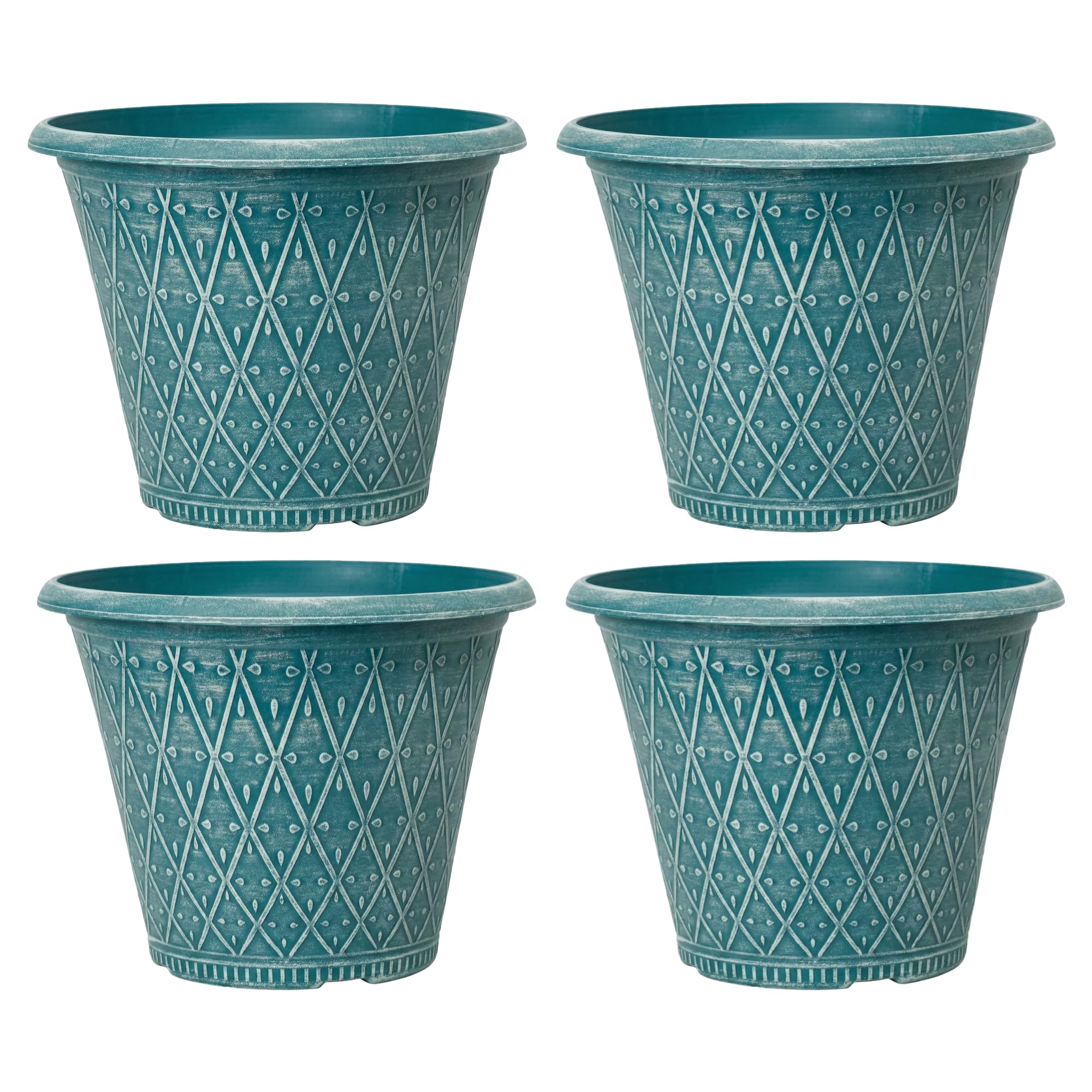 Fyne-Finds Teal Green Set Of 4 Round Plastic 30Cm, 12Inch Plant Pot 9.5Liters Garden Outdoor Decor Cover Planter Weather Proof Drainage Holes