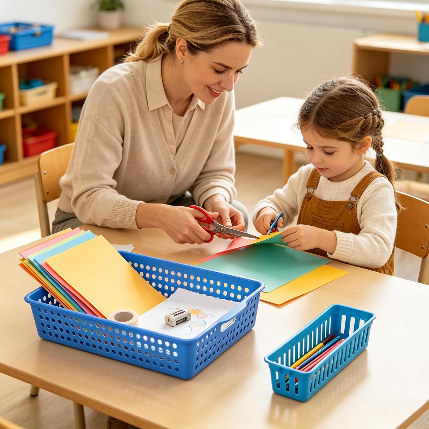 6 Pack Plastic Classroom Storage Bins with 6Pcs Small Baskets, Colorful Turn in Paper Trays for Classroom,Teachers, Students(14.1”×10.6”×3.1”) image 2