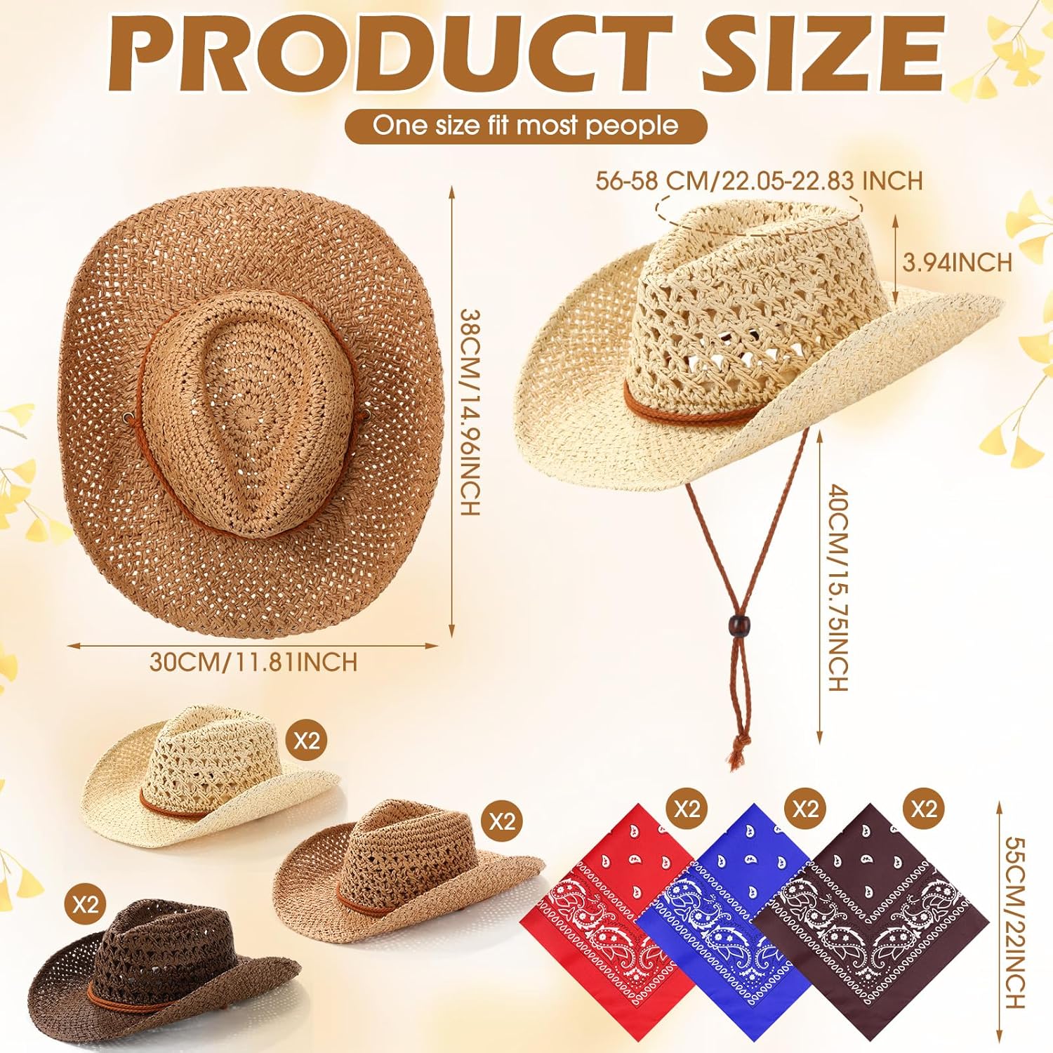 Newcotte 6 Set Straw Cowboy Hats and Bandanas for Women Western Cowgirl Beach Sun Hat Bulk with Windproof Rope for Party Travel - Image 2