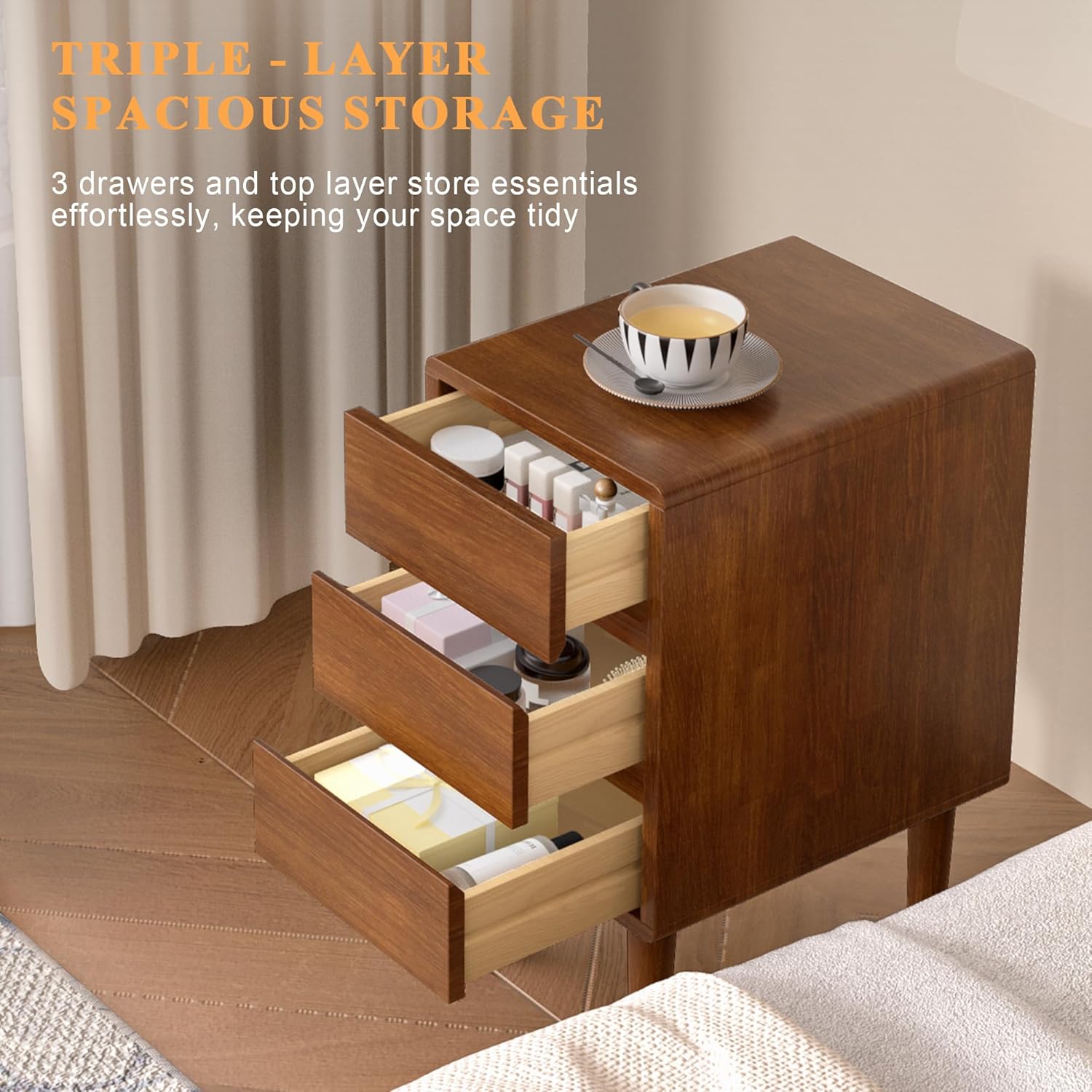 Nightstand with 3 Drawers Narrow Night Stand Solid Wood Bedside Table Mid Century Modern Nightstand Wooden End Table for Bedroom, Living Room, Study, Office