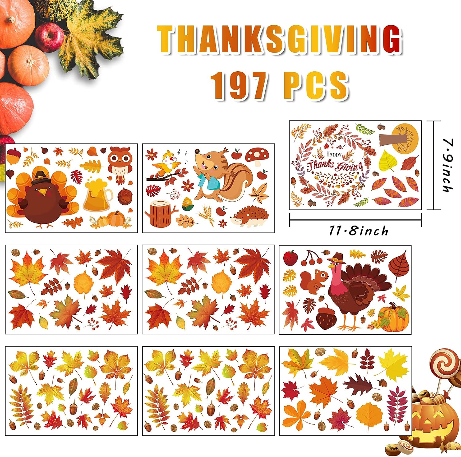 OEAGO 197 PCS 9 Sheets Fall Decor/Decorations for Home,Fall/Thanksgiving Window Clings Stickers - Autumn Leaves Turkey Acorns Window Clings Home School Office Thanksgiving Party Decor Supplies