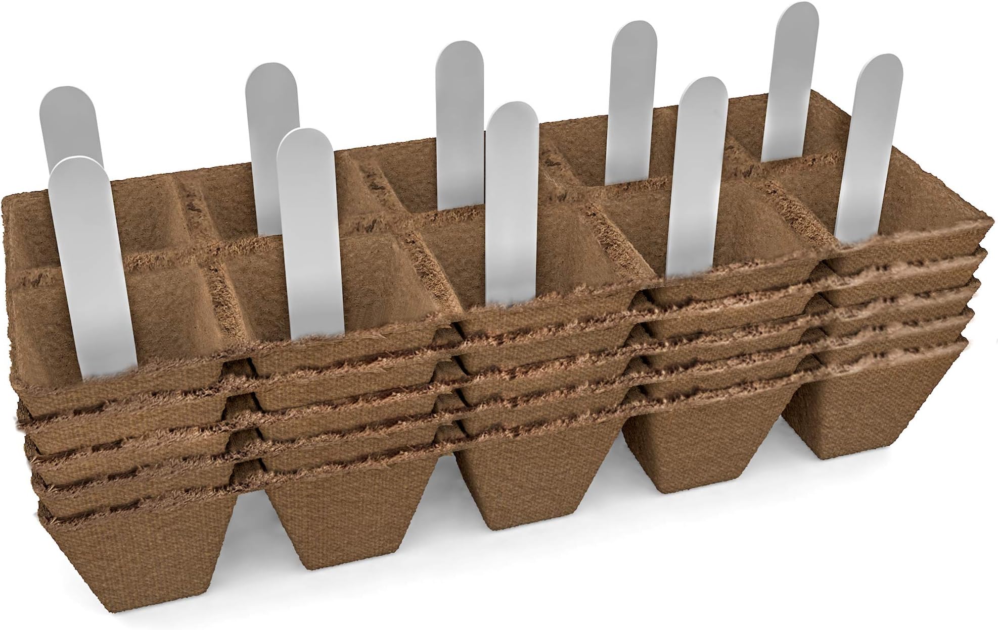 Seed Starter Peat Pots Kit Germination Seedling Trays are Biodegradable and Organic 10 Plastic Plant Markers Included | 5 Pack-50 Cells