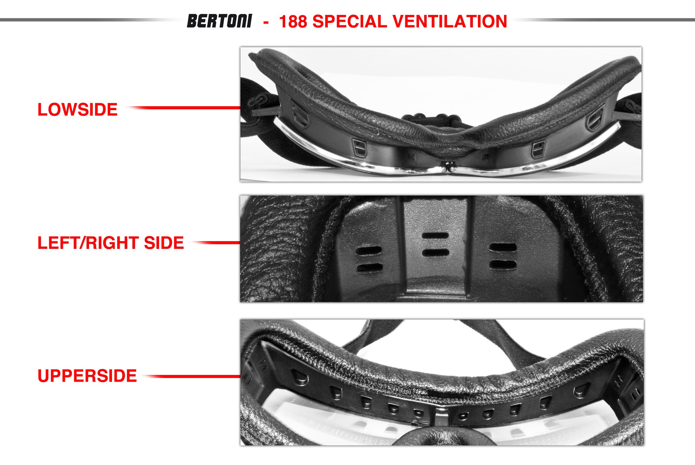 BERTONI Gafas Moto Vintage de Piel Negra y Montura Cromo - Ventilación Anti-Vaho - by Italy - AF188 - Gafas Motoristas para Cascos Moto Harley y Chopper