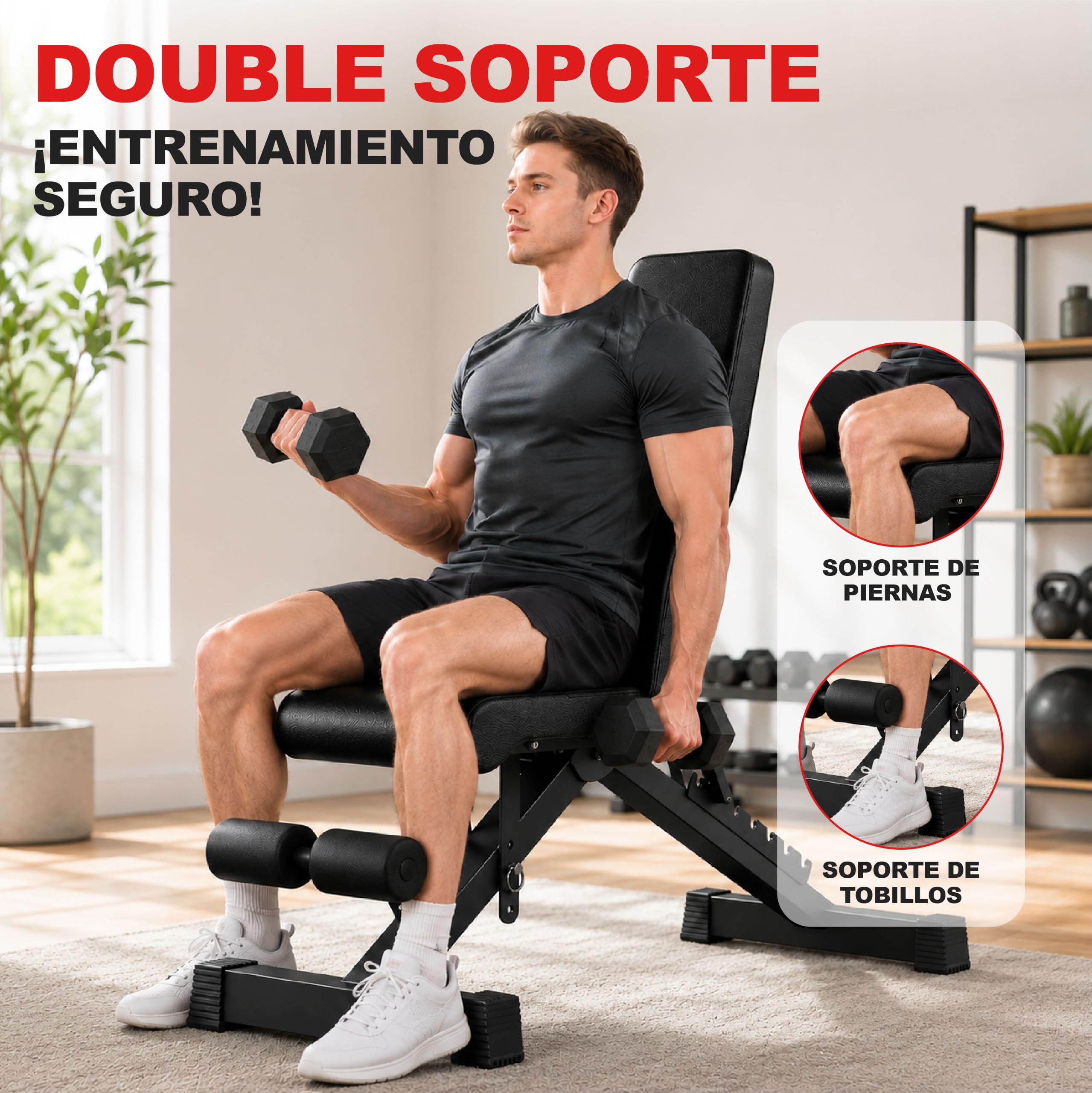 Banco musculación plegable 7 posiciones negro, ideal para fitness en casa, fácil almacenar
