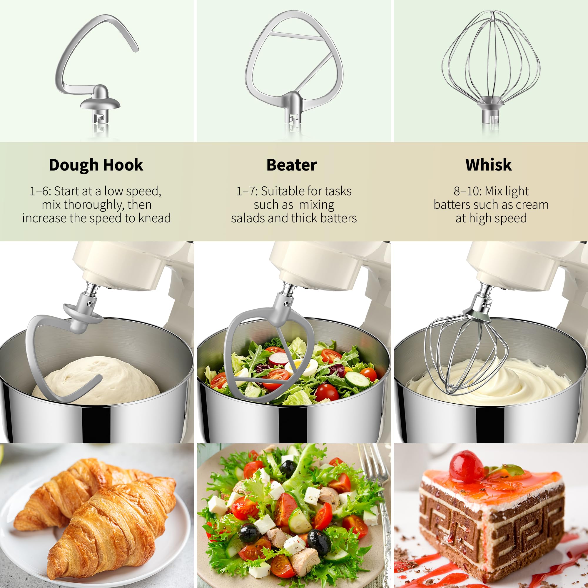 Vezzio Robot Pâtissier 1500W, Robot Cuisine avec Double Bol Acier Inoxydable (5L + 6L), 10 Vitesses, Pétrin Électrique avec Fouet, Crochet et Batteur Plat, Pour Pâtisserie et Cuisine(Blanc)