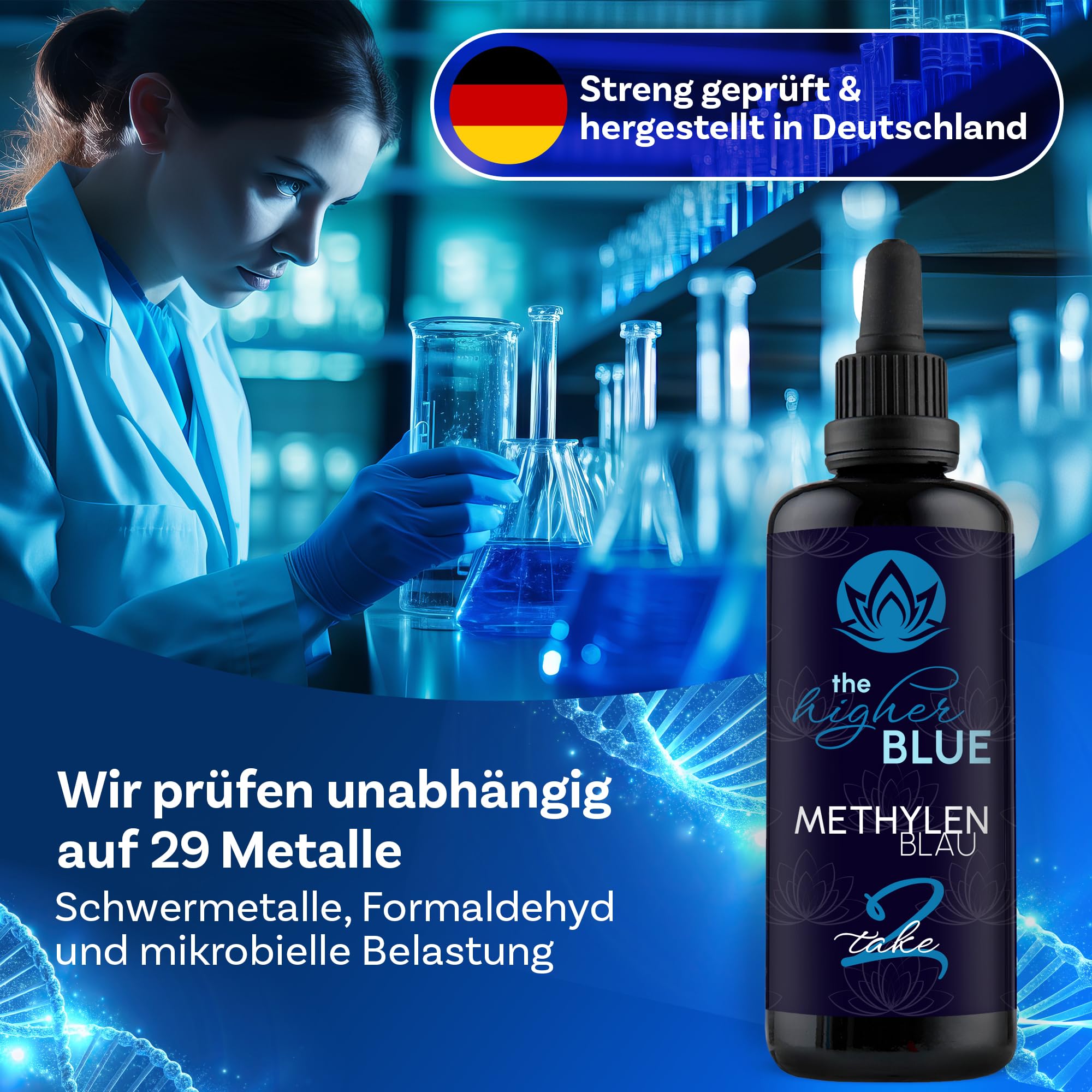 TAKE2 Methylenblau 2% Lösung 3 x 100ml im med. Braunglas | Höchste Reinheit 99,9% | Ph. Eur. Reinstoff | frei von Schwermetallen | Hergestellt und Laborgeprüft in Deutschland
