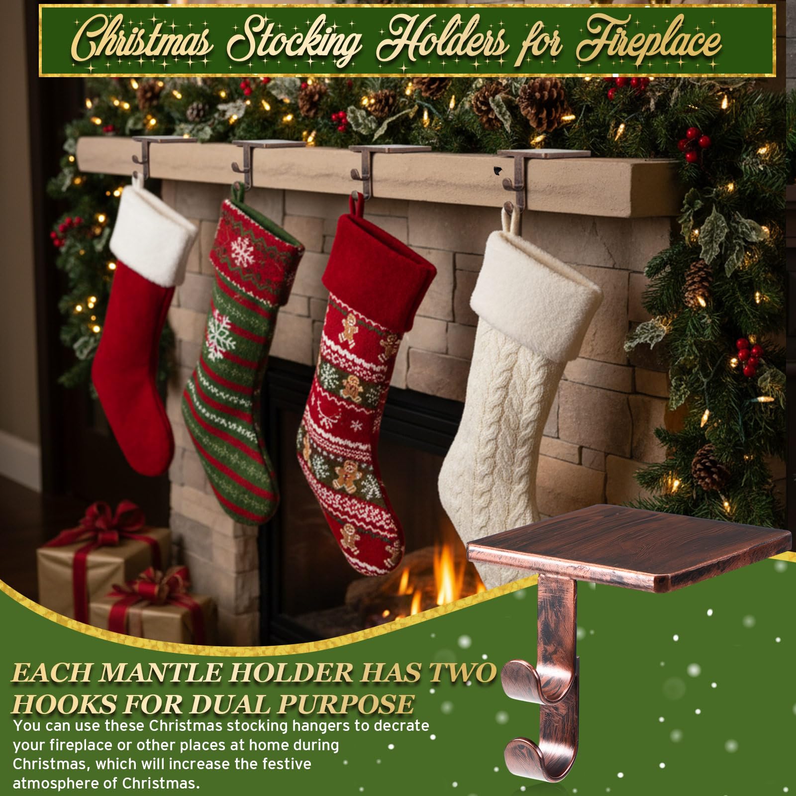 Zhengmy Lot de 4 supports de chaussettes de Noël pour cheminée, deux crochets pour guirlande, boules, cheminée, décoration de fête de Noël (bronze)