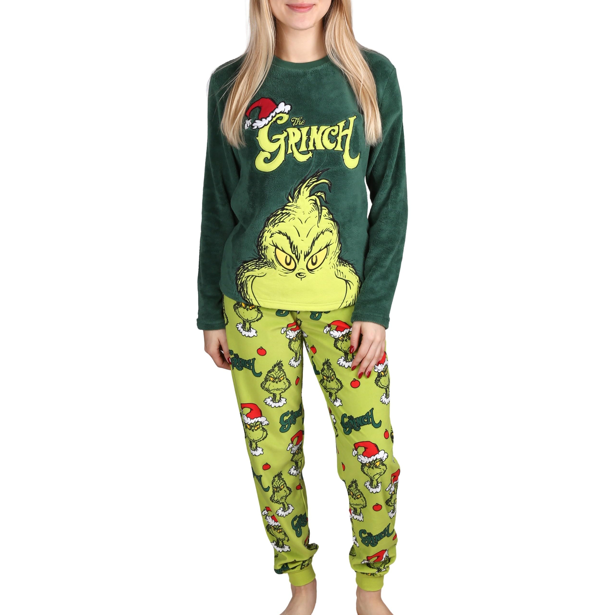 sarcia.eu Pigiama da Donna in Pile Verde Grinch, Caldo, a Manica Lunga, Festivo