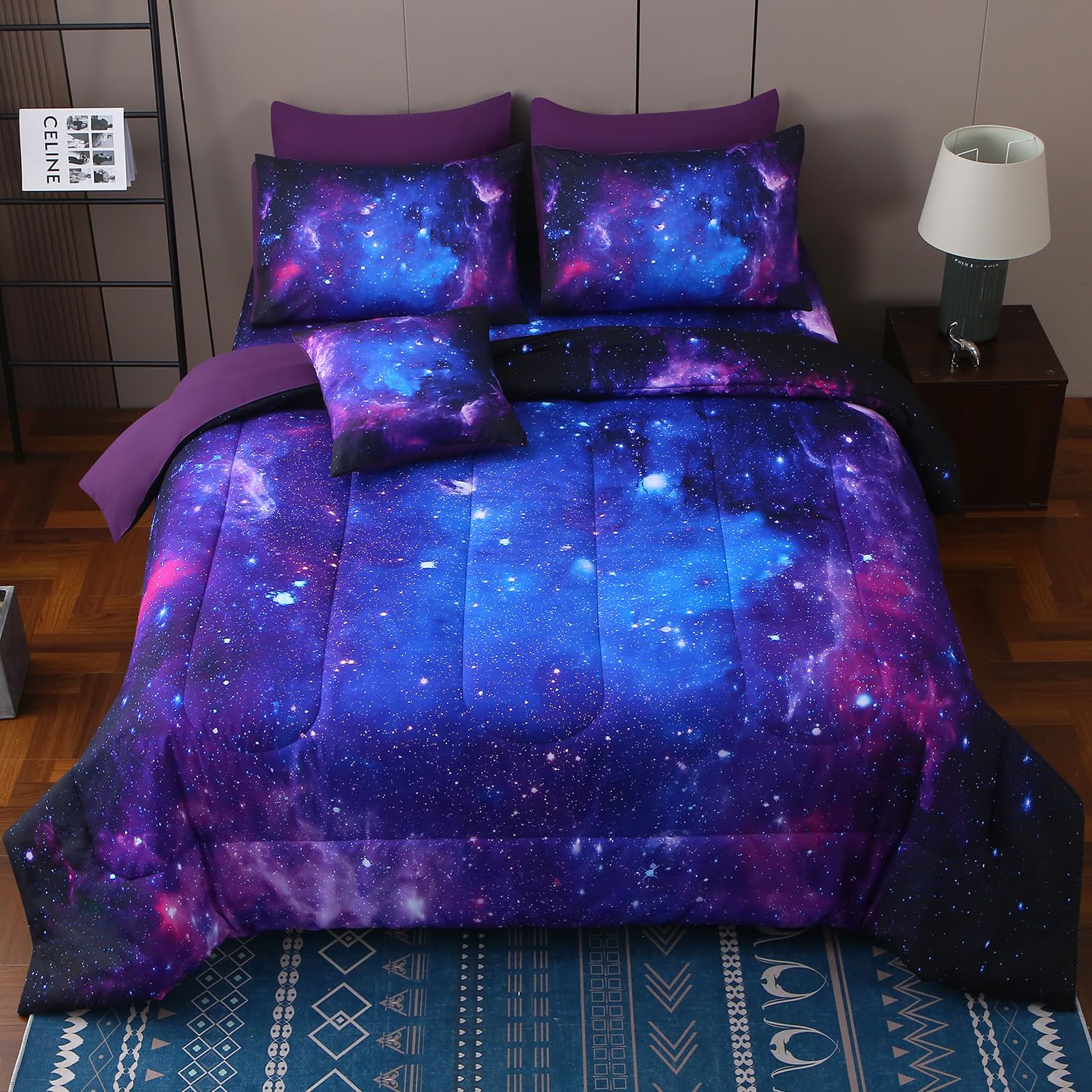 JQinHome Full Galaxy Purple Comforter Sets Blanket,8 Piece Bed in A Bag 3D Outer Space Themed Bedding, All-Season Reversible Quilted Duvet, for Children Boy Girl Teen Kids(Blue Purple)