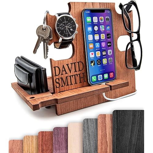 Gifts for Men, Personalized Wood Phone Docking Station for Men,Desktop or Nightstand Organizer for Him, Phone Stand, Best Personalized gift idea for Anniversary,Birthday,Graduation