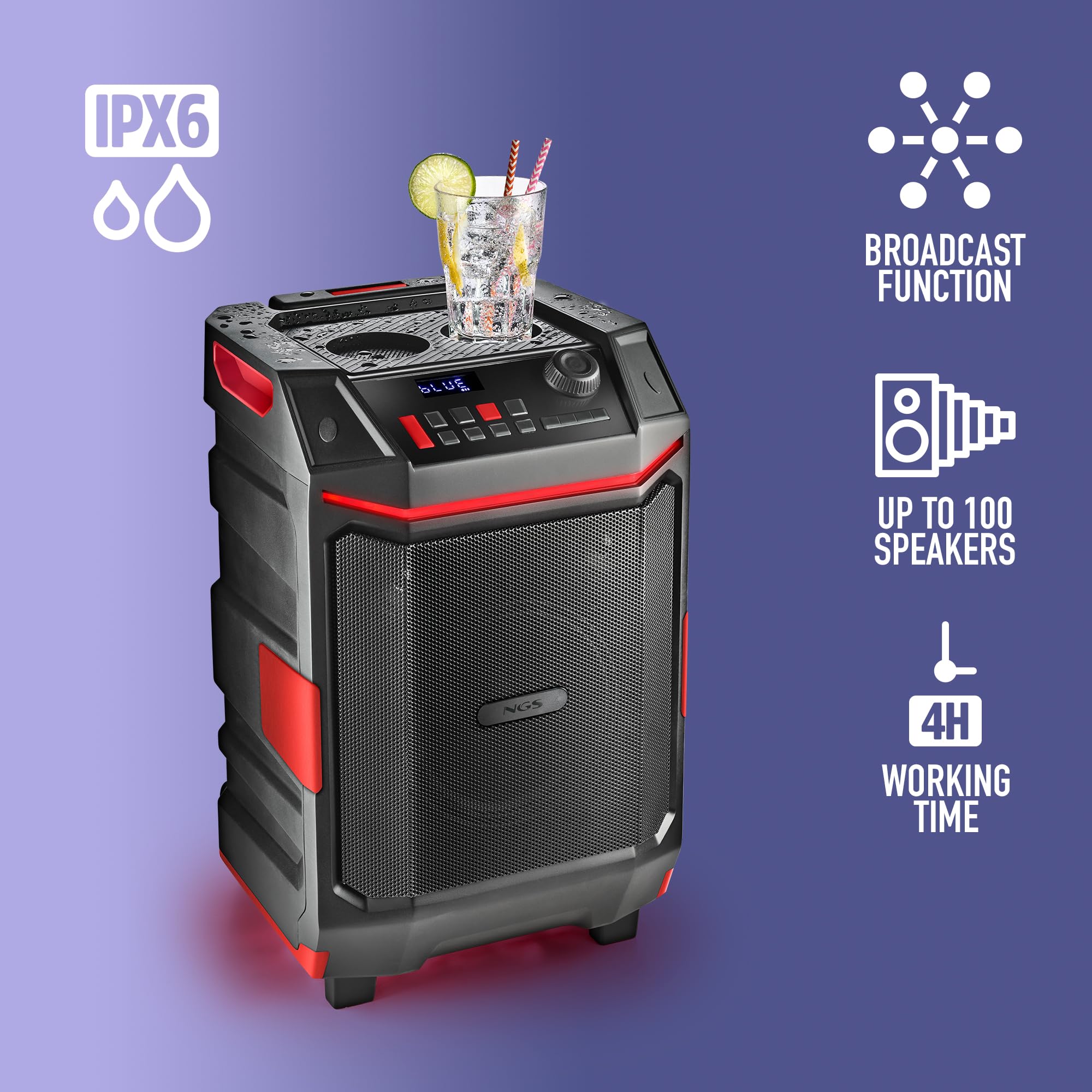 NGS Wild Bash - Enceinte Bluetooth 5.4 Portable 50 W RMS avec lumières LED RVB, Batterie Rechargeable Amovible, étanche IPX6, karaoké et Fonction Diffusion