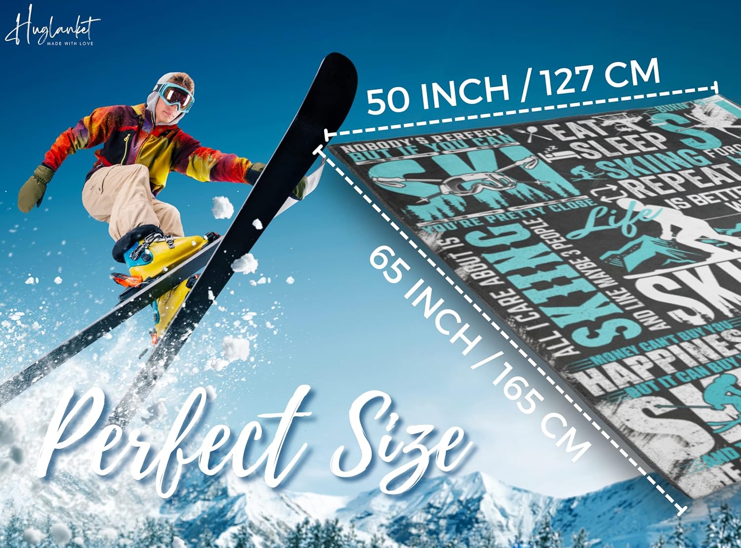 Flannel Plush Blanket, Unique Ski Design - Throw Blanket Gifts for Skier - Quotes About Ski - 50"x 65" - Image 2