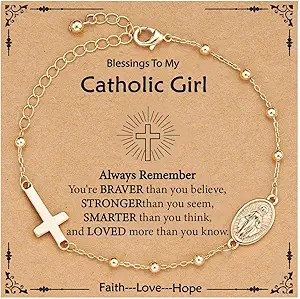 Catholic Virgin Mary Cross Bracelet Gifts for Girls Teens Women, Rosary Beads Charm Link Chain Bracelet Christmas Christian Religious Jewelry Gifts