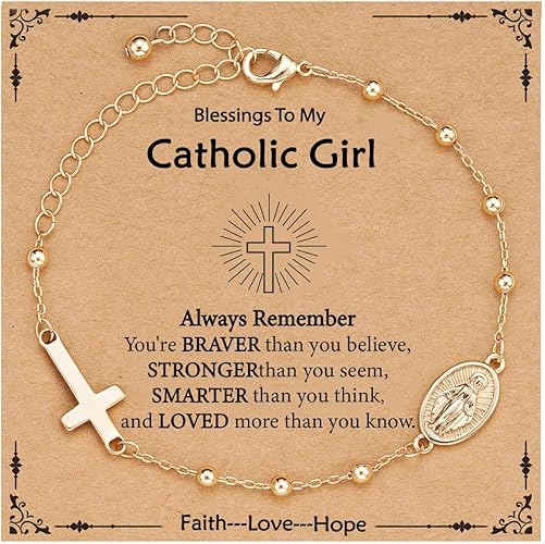 Catholic Virgin Mary Cross Bracelet Gifts for Girls Teens Women, Rosary Beads Charm Link Chain Bracelet Christmas Christian Religious Jewelry Gifts