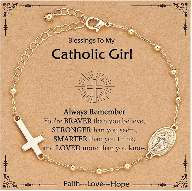 Catholic Virgin Mary Cross Bracelet Gifts for Girls Teens Women, Rosary Beads Charm Link Chain Bracelet Christmas Christian Religious Jewelry Gifts