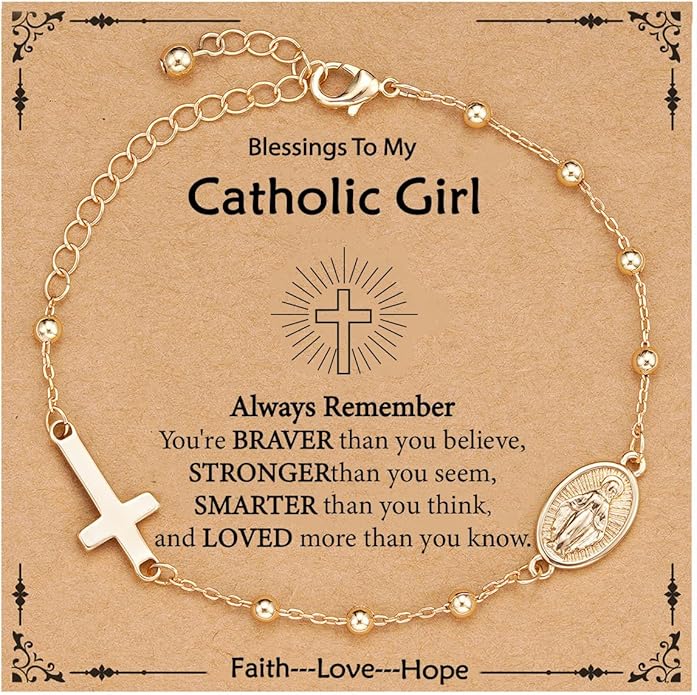 Catholic Virgin Mary Cross Bracelet Gifts for Girls Teens Women, Rosary Beads Charm Link Chain Bracelet Christmas Christian Religious Jewelry Gifts