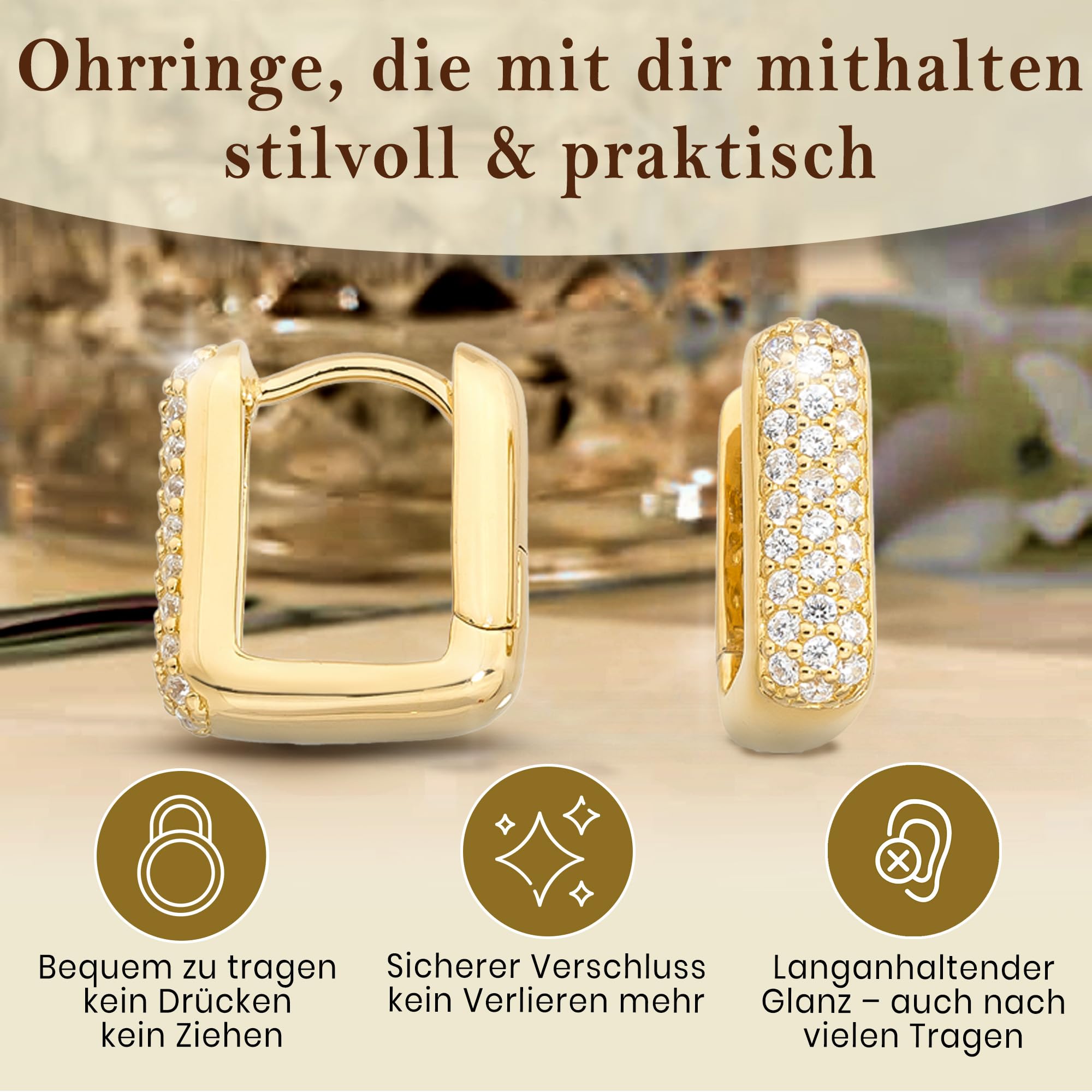 CASSINI Rechteckige Ohrringe Silber 925 – Goldene Creolen Silber 925 Kleine mit Zirkonia Steinen, Ohrringe Allergiefrei aus 925 Sterling Silber & Vergoldet, Nickelfreier Schmuck für Damen – 3CTG4