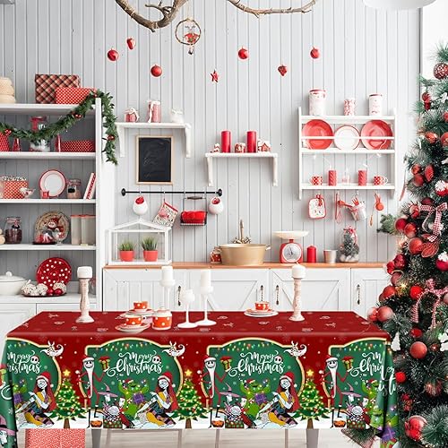 Miniatura 4 de Paquete de 3 manteles de pesadilla de Navidad, decoración de fiesta de Navidad, árbol verde y rojo, cubierta de mesa de pesadillero para Navidad,