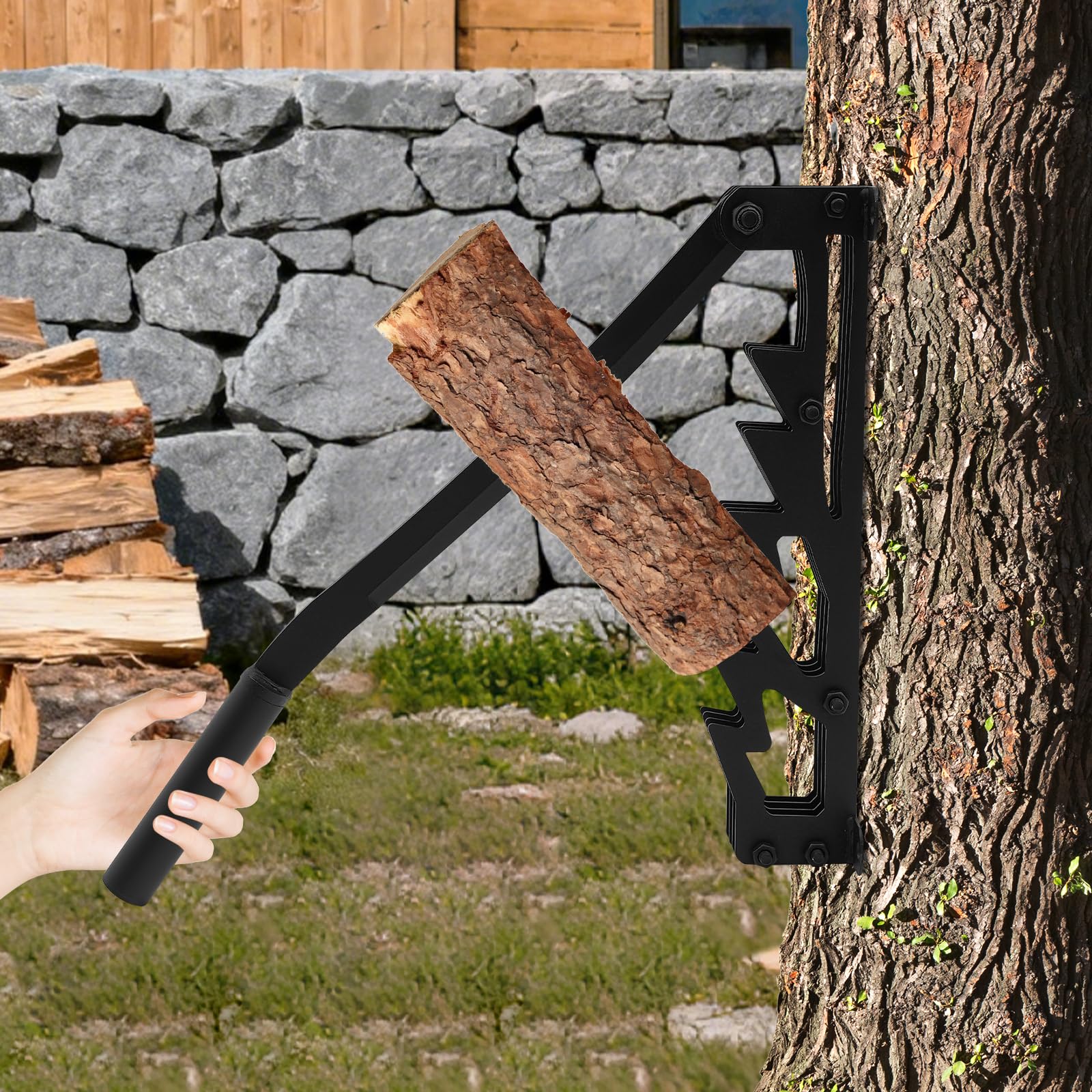 Astilladora manual de leña de hierro fundido, soporte de pared portátil para astillado de madera para interiores y exteriores, incluye 2 asas desmontables, porta leña, guantes y bolsa para leña