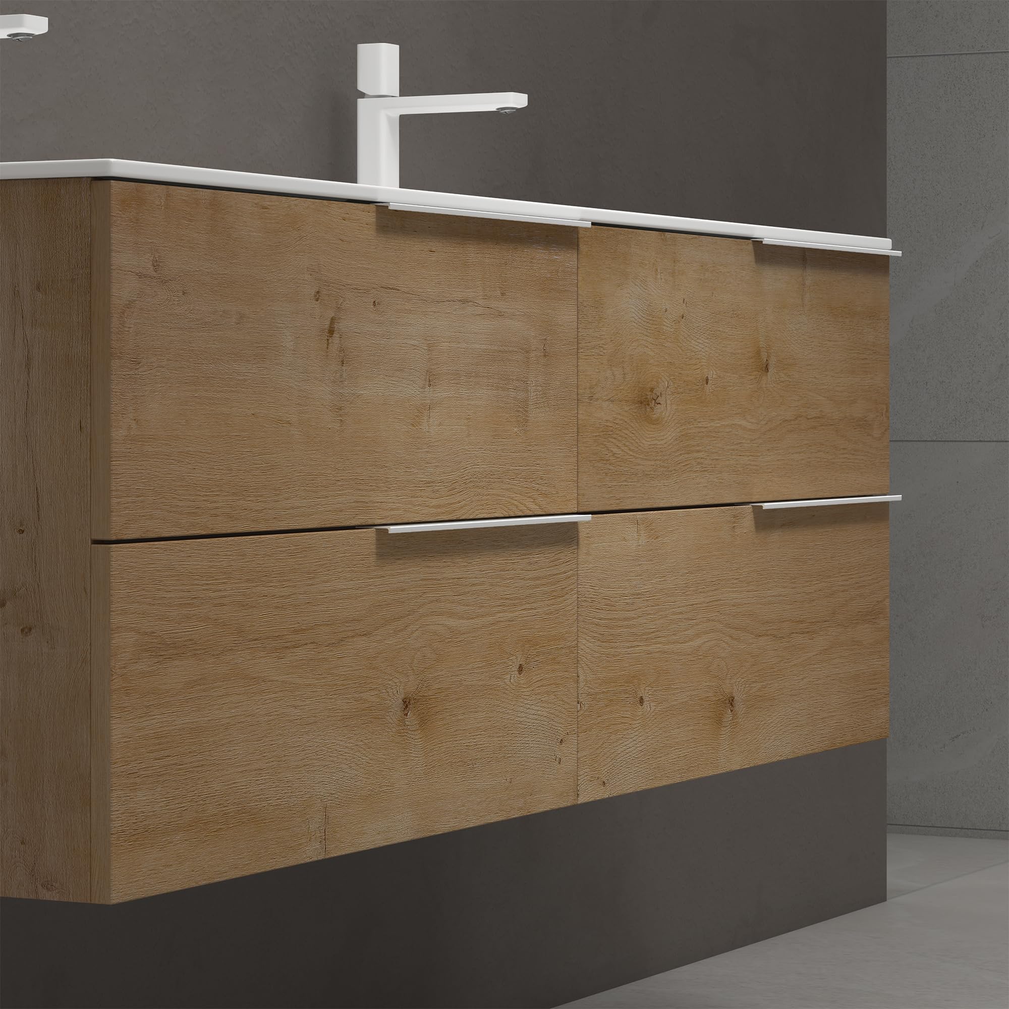 doporro Meuble de Salle de Bain Suspendu 144x48x50cm Ensemble de 2 Pièces | Chêne, avec Lavabo en Solid Surface, Design Vanessa