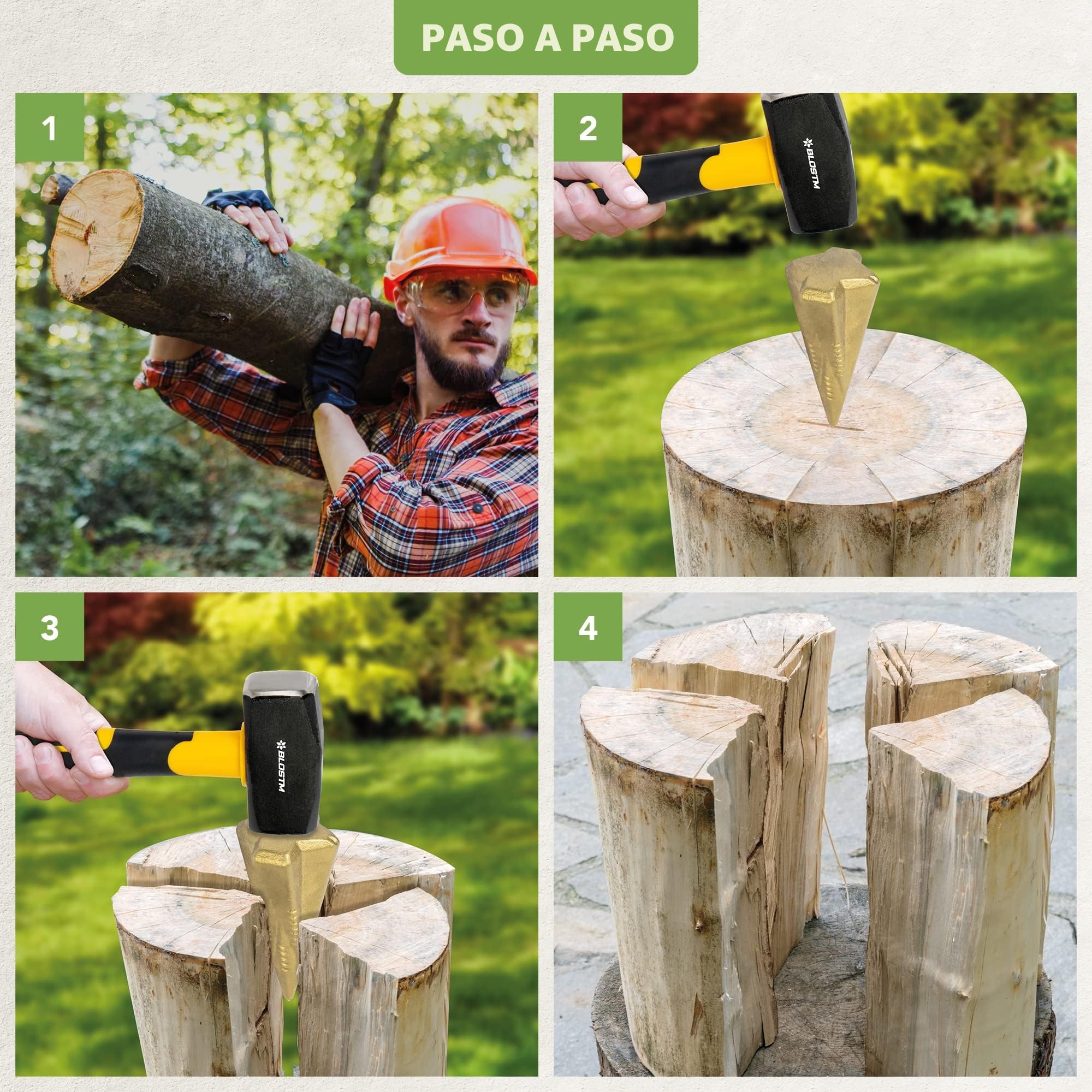 BLOSTM Astilladora de Troncos - Rajadora de Leña Tratada Térmicamente de 1,8 kg Forjada y Resistente - Utilizado Para Troncos Pequeños a Grandes