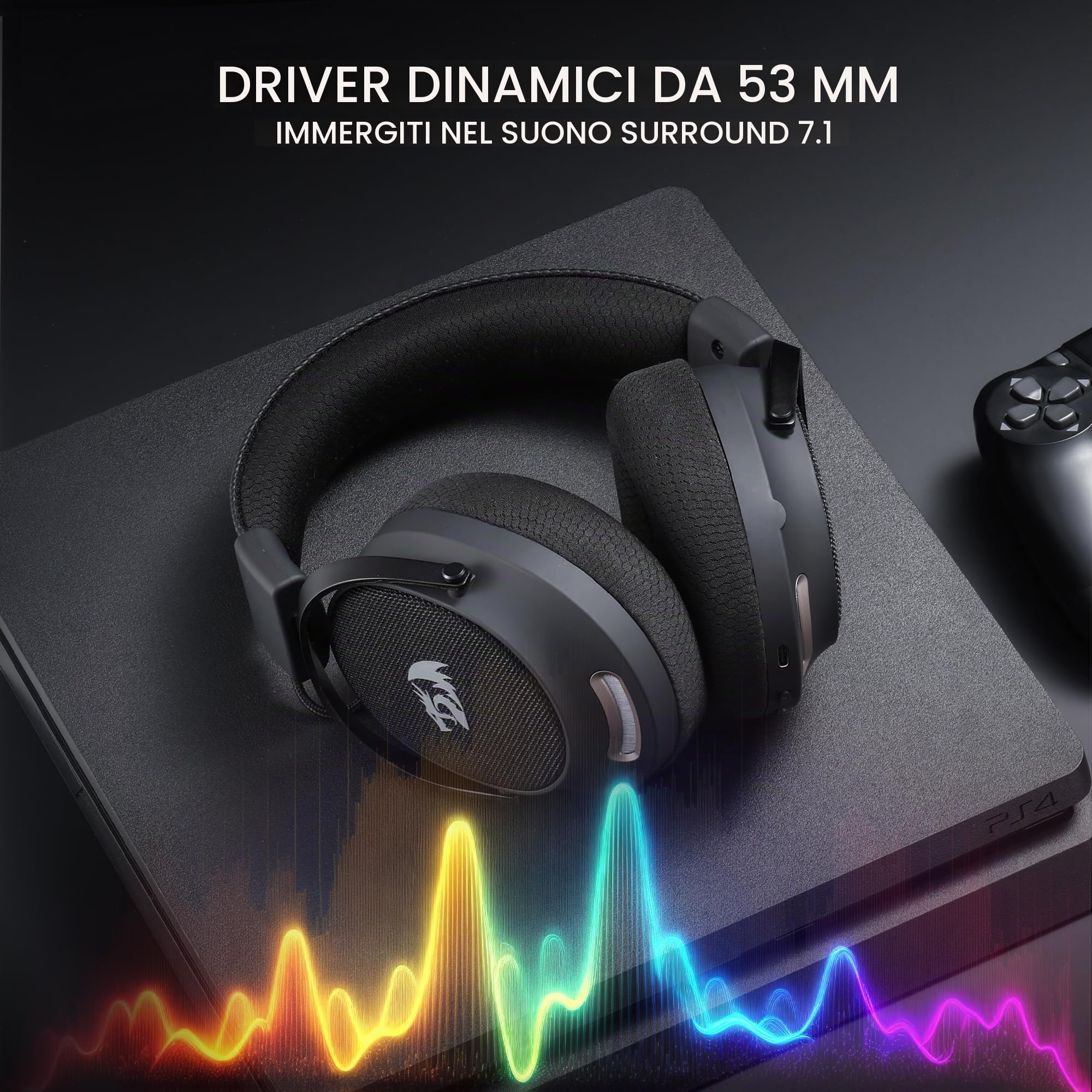 Redragon H858 Cuffie Gaming 3 Modalità Senza Fili 7.1 Surround | Driver da 53 mm, padiglioni in memory foam, microfono rimovibile con cancellazione rumore, cuffie over-ear