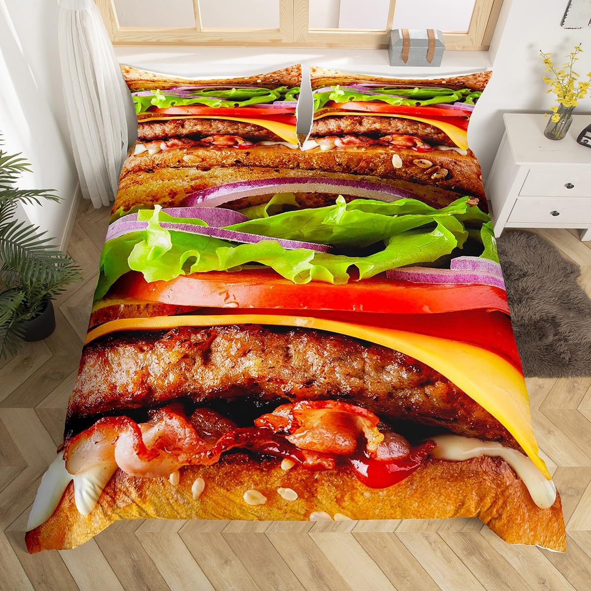 Homemissing Multicolored 13217 Hamburgers Comforter Cover Giant Funny Food Bedding Set For Kids Toddler Novelty Weird Duvet Cover Realistic Food Bedspread Cover Decor Quilt Cover Single