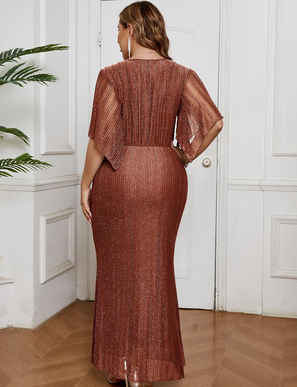 ZOMVA Plus Size Maxi Formal Dress Sparkly V-Neck Mermaid Wrap Evening Gown Cocktail Prom Glitter Handkerchief Sleeves - Image 5