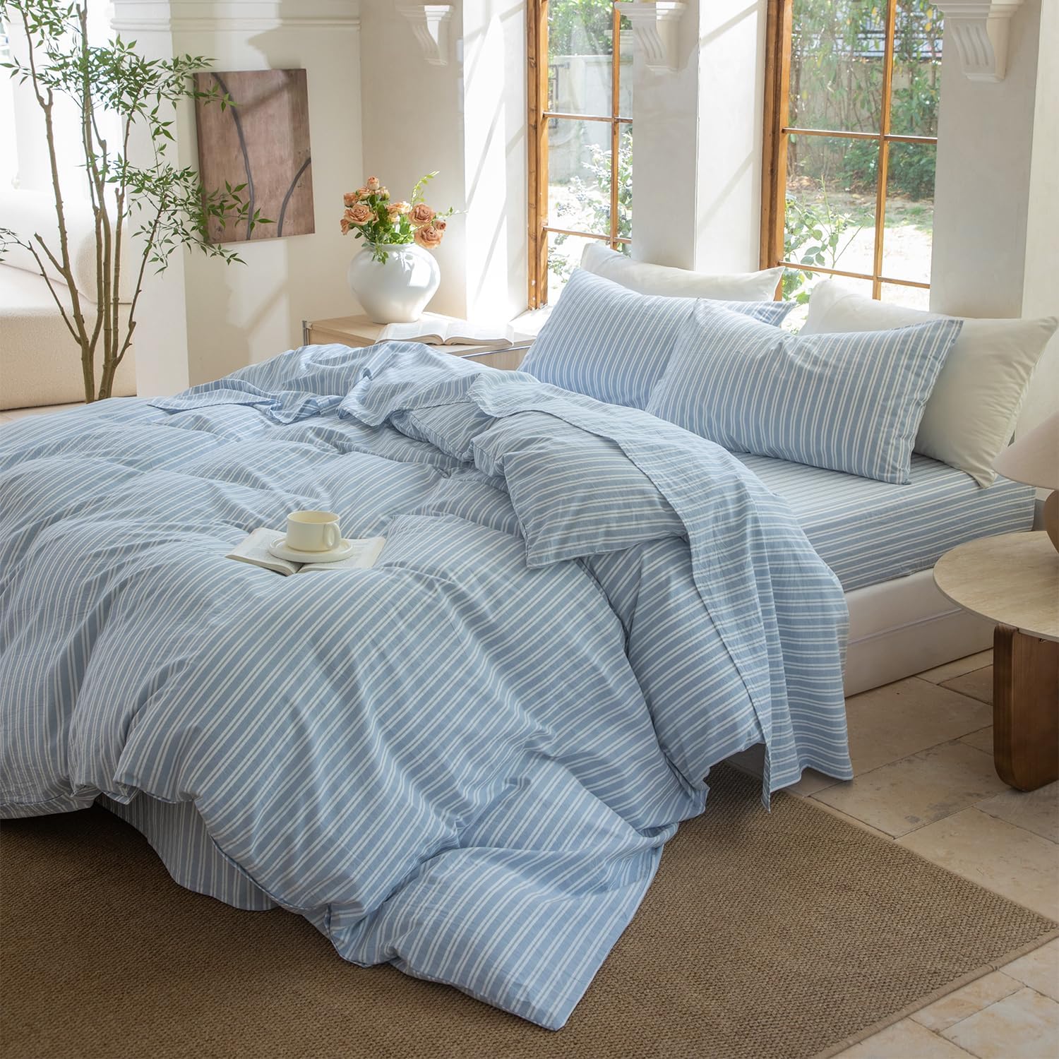 Striped Duvet Cover Set Full Size 100% Washed Cotton Linen Feel Natural Wrinkle Comfy Lightweight Bedding Set (Full, Double Stripe-Blue/White)