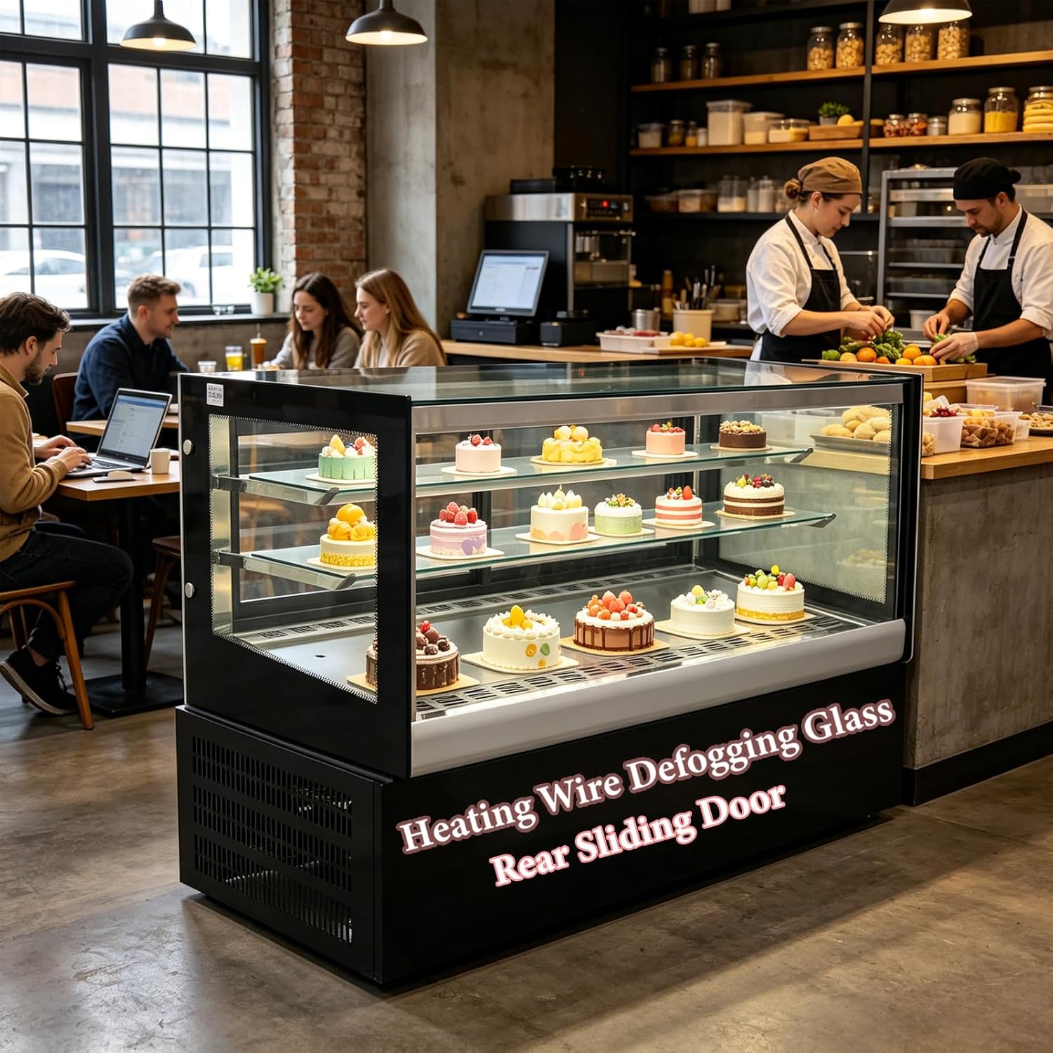 220V 315W Commercial Bakery Display Case with Glass Door, 180L Stainless Steel Cake Cooler Refrigerator with LED Lighting and Anti-Fog Front Window for Supermarket, Hotel, Store