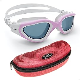 AqtivAqua Swim Goggles Swimming Goggles for Adult Men Women Kids 6-14 Youth Girls Boys Childrens DX-S (White&Pink frame, Red case, Shade lens)