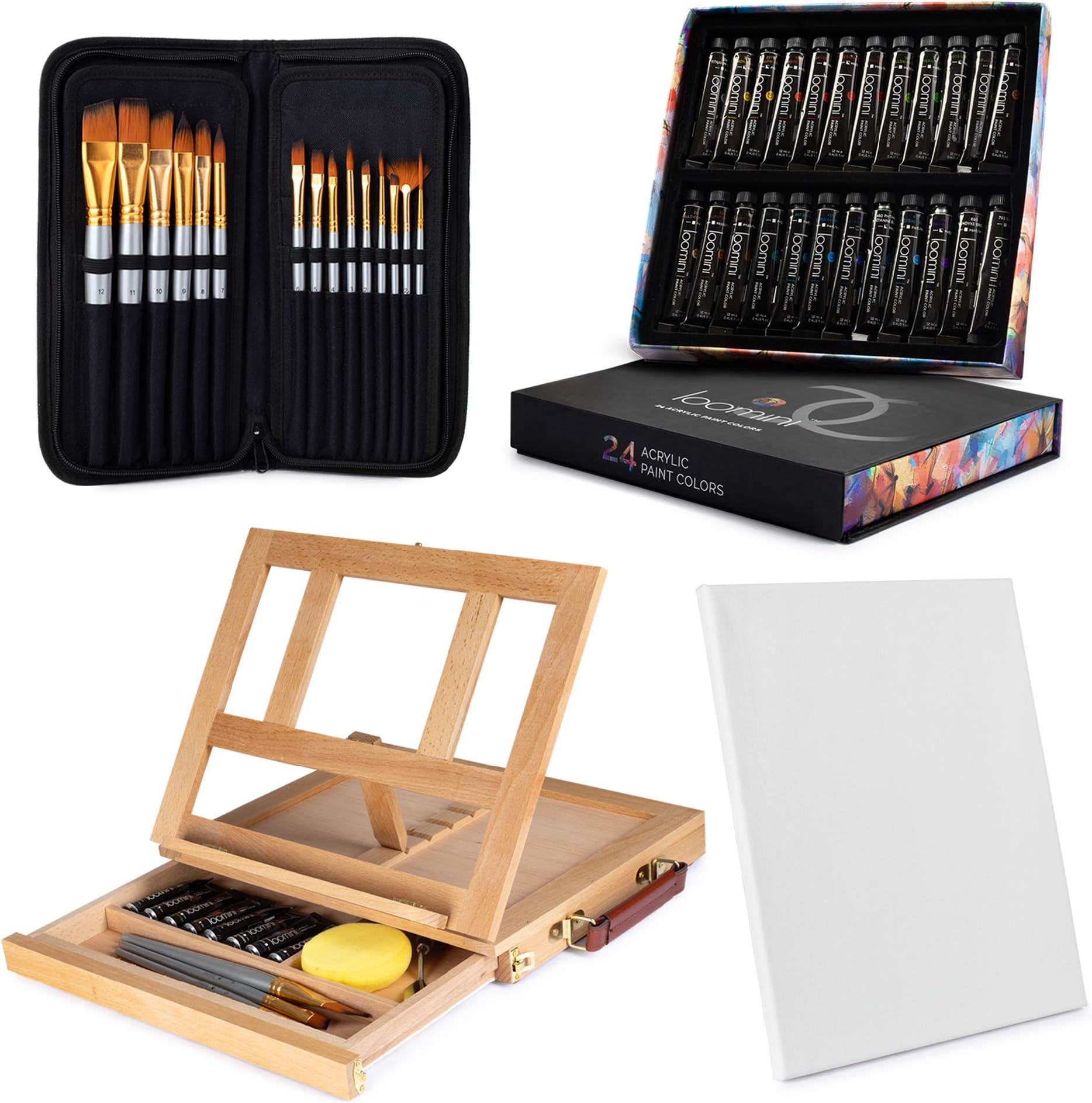 Acrylic Paint Set for Adults & Kids Includes Tabletop Easel Canvas and Brushes 24 Acrylic Paint Colors 15 Brushes 1 Easel 1 Canvas | Painting Kit for Adults