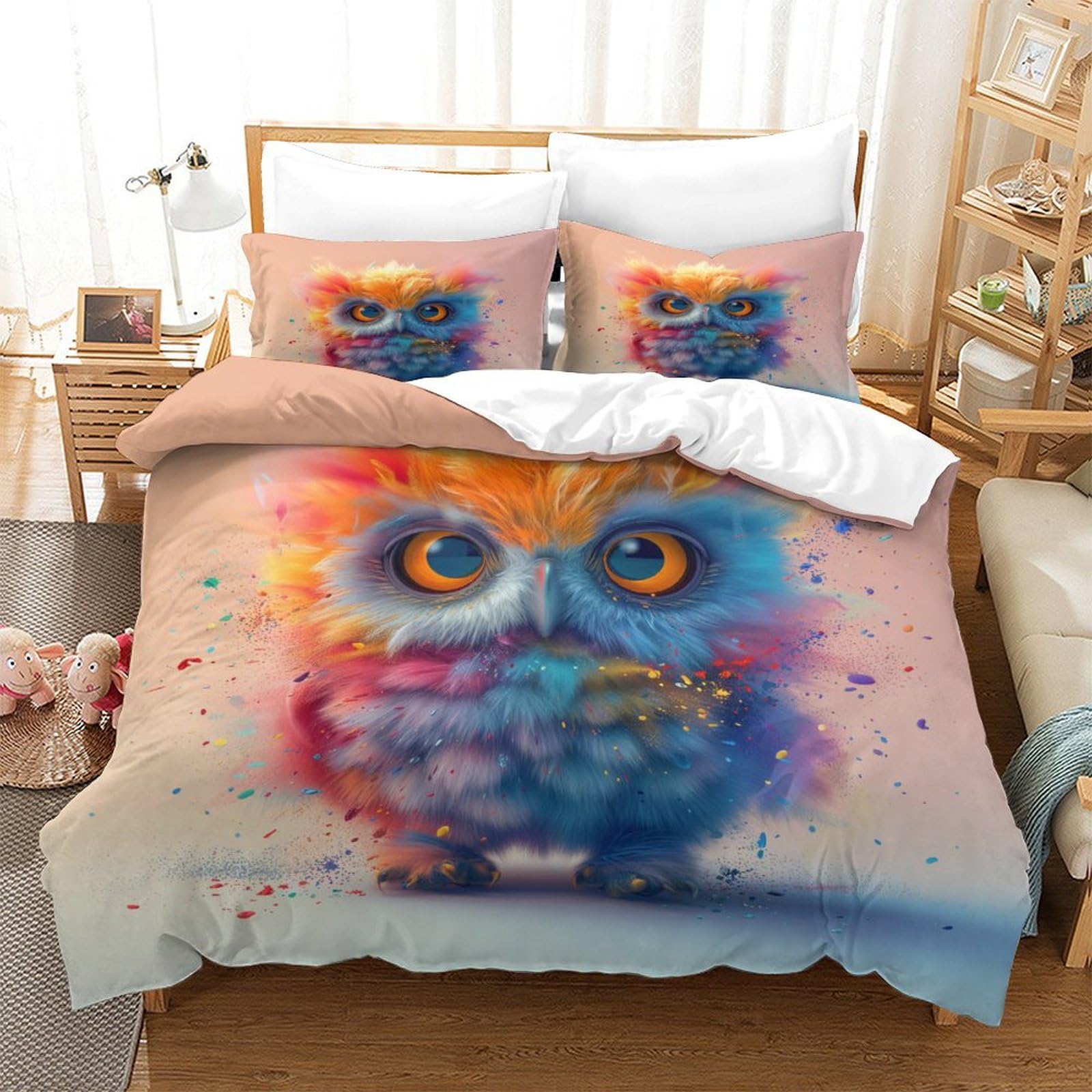 Parure de lit chouette colorée 3 pièces en microfibre de taille Super King pour chambre parentale
