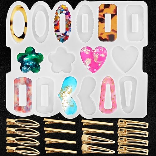 Miniatura 8 de LotFancy Molde de resina epoxi para pinzas para el cabello, con 16 horquillas de metal dorado, moldes de silicona en forma de flor pequeña y corazón