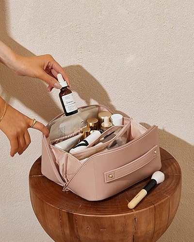 Miniatura 116 de EACHY - Bolsa de maquillaje de viaje, bolsa de cosméticos de gran capacidad para mujeres, portátil, impermeable, bolsa de aseo plana abierta