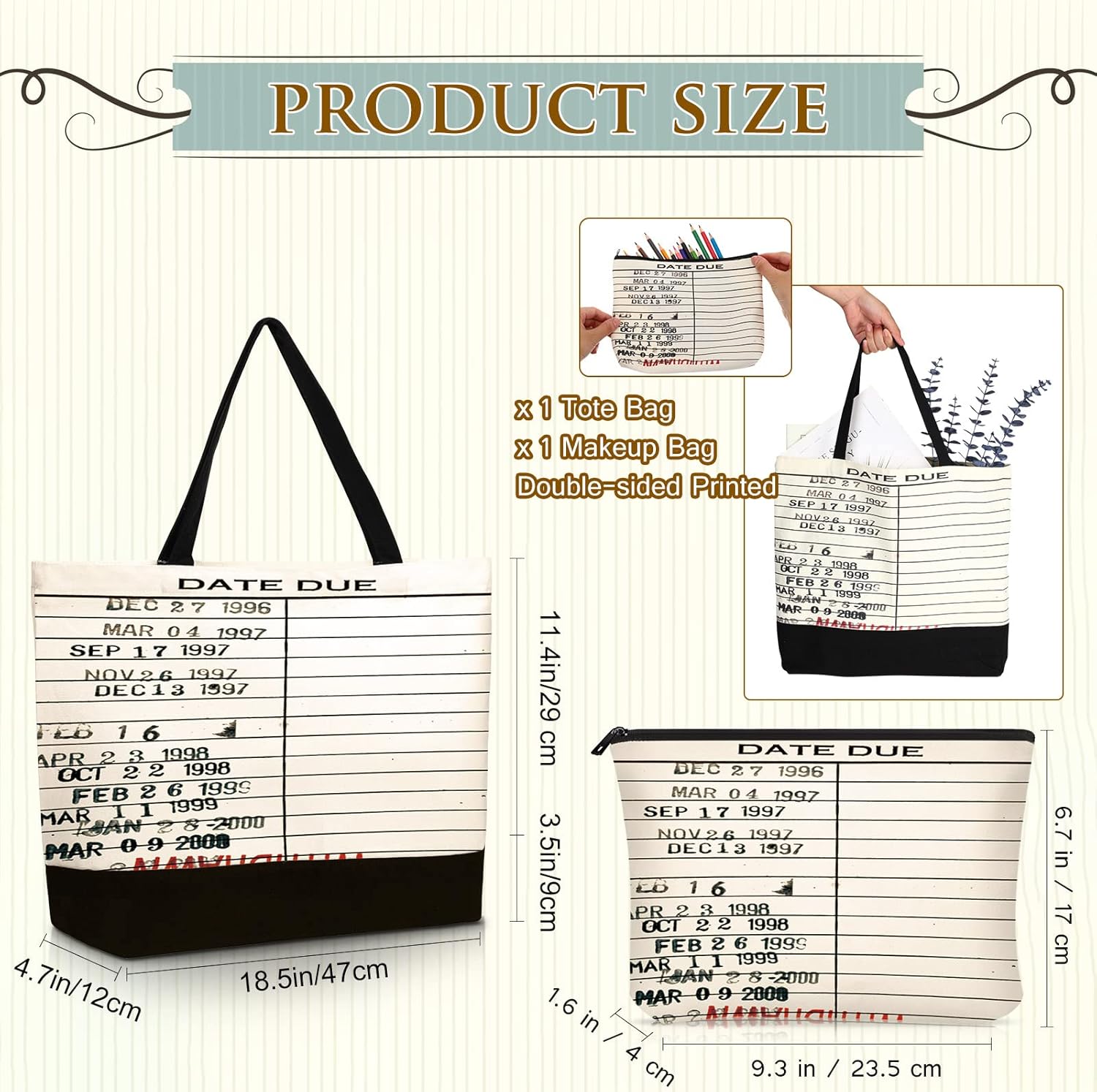 Sieral 2 Pcs Librarian Gifts for Women Due Date Library Book Bag Reusable Canvas Cosmetic Bag with Zipper Pouch Book Lovers Gifts for Friends Librarian Valentine Club Birthday for Readers - Image 4