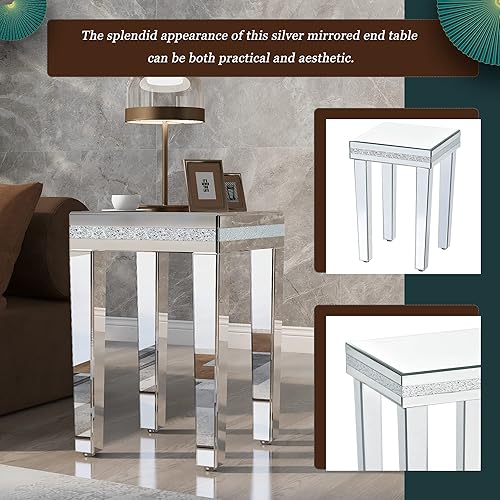 Miniatura 5 de Mesa auxiliar moderna de cristal con espejo, mesa auxiliar con diseño de cristal y patas de altura ajustable, fácil montaje para sala de estar y