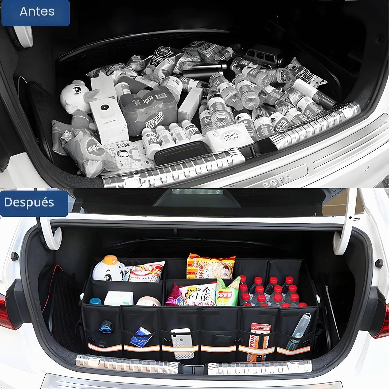 90cm 100L XL Grande Organizador Maletero Coche Grande, Viaje Caja Almacenamiento Organizador Coche,Resistente,Plegable,Multicompartimento, Esenciales Para Coche Negro (XL 35,4X13,8X11,8in)