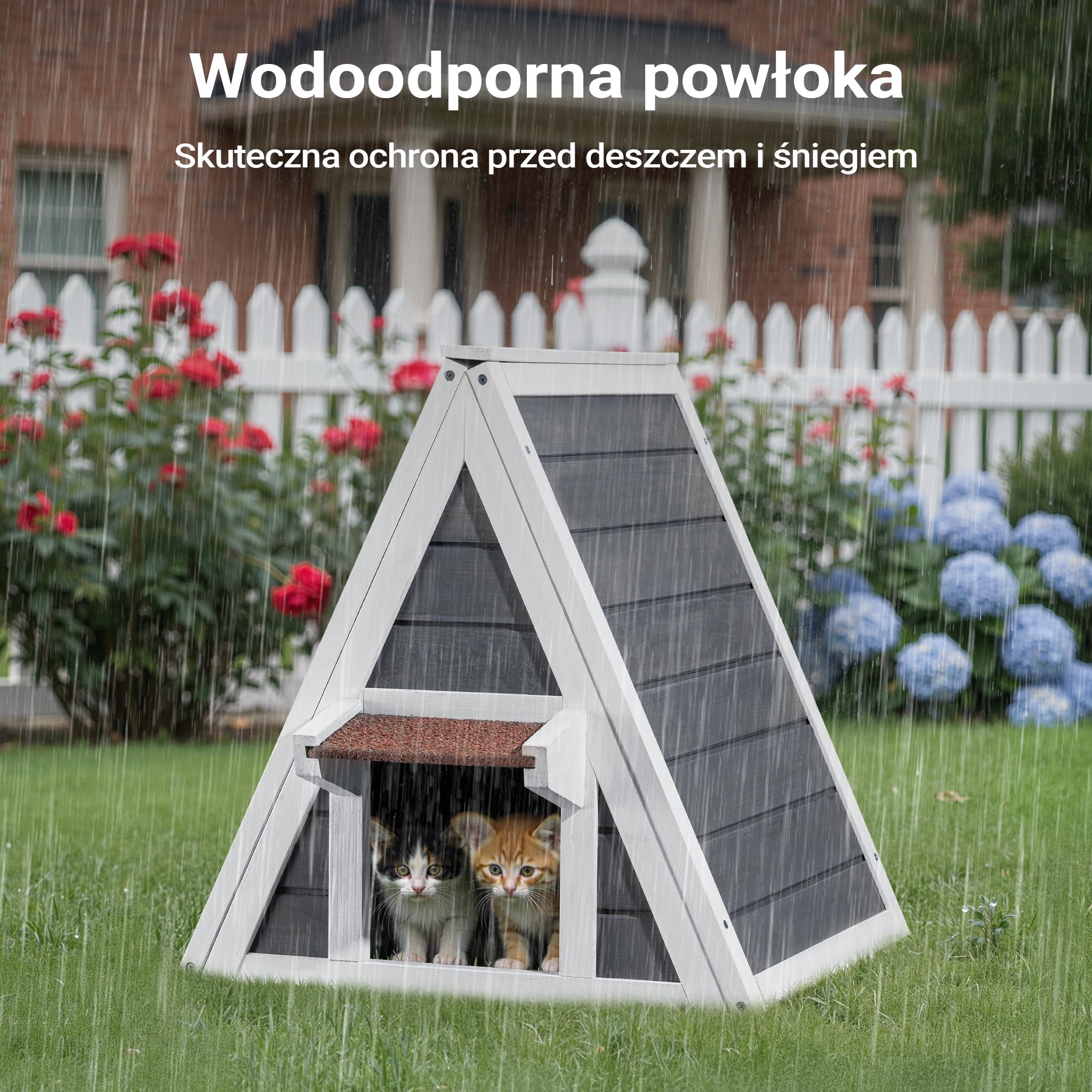 Drewniany, odporny na warunki atmosferyczne domek dla kota, 50 x 50 x 54 cm, do użytku wewnątrz i na zewnątrz, z drzwiami ewakuacyjnymi
