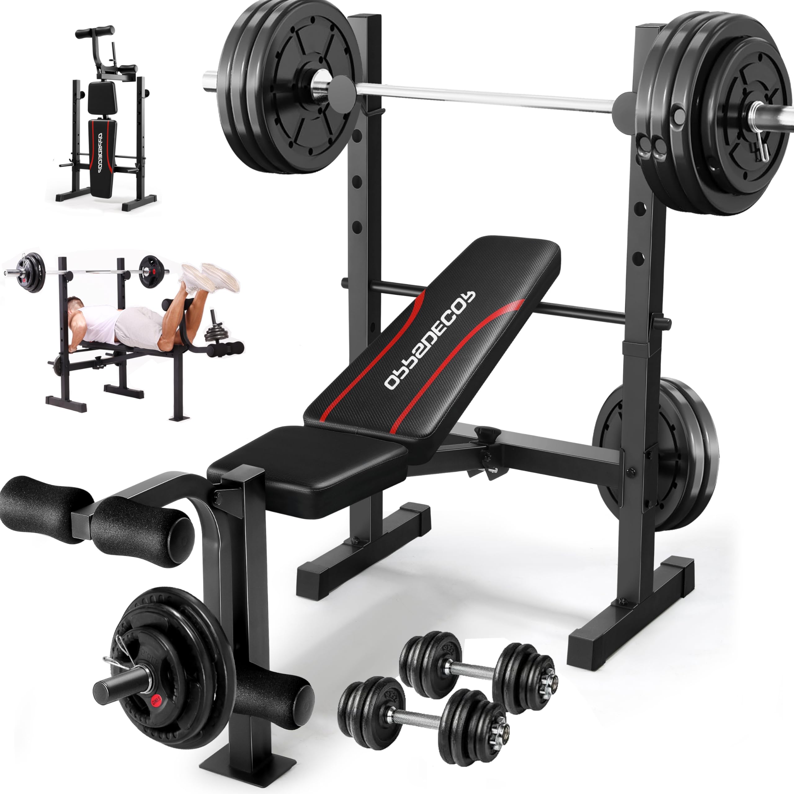 OPPSDECOR Multi-Function Weight Bench Set with Squat Rack Leg Extension & Leg Curl Adjustable Workout Bench for Full Body Fitness Foldable Flat/Incline/Decline Upgrade Bench Press for Home Gym
