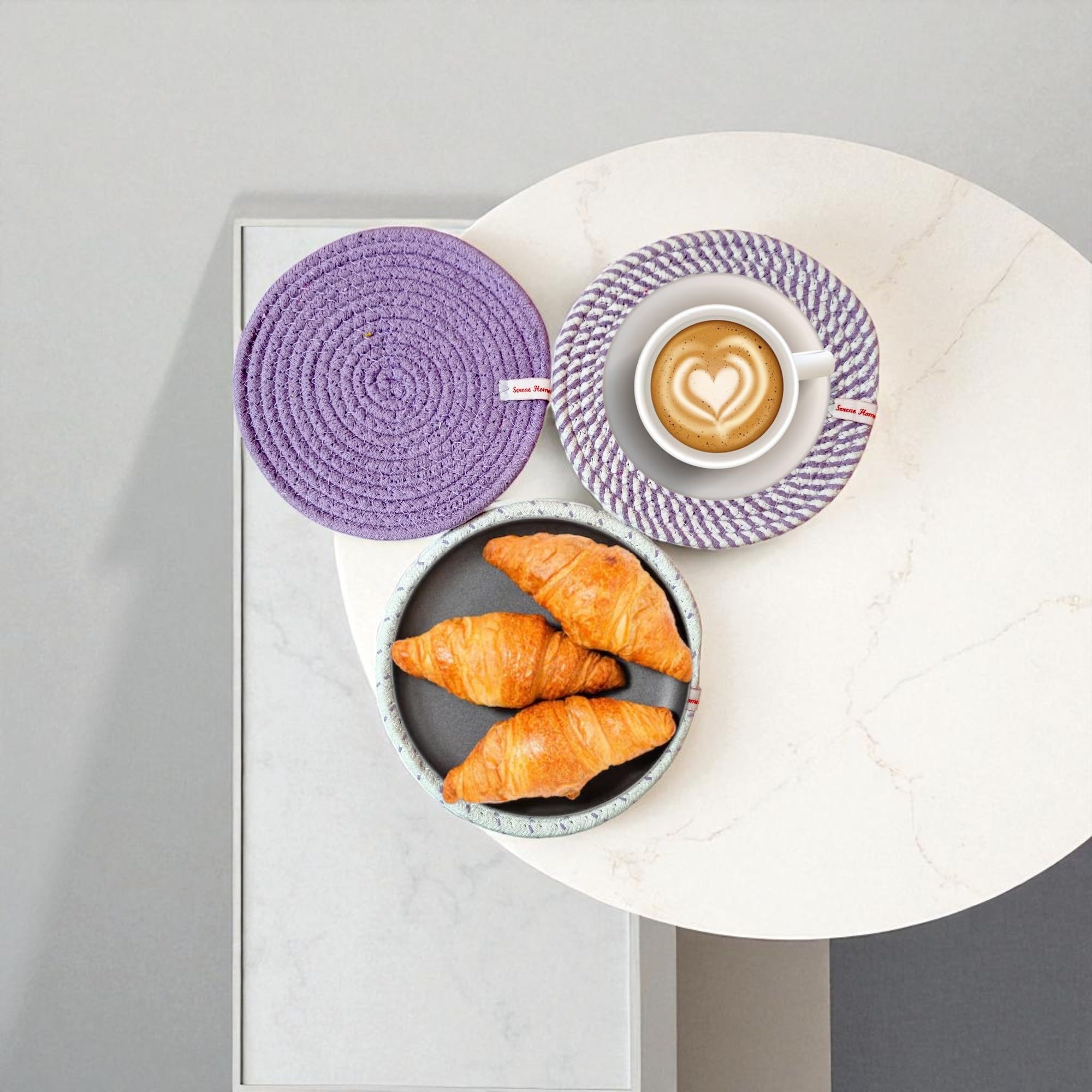 SereneHomes Round Cotton Trivets for Hot Pots – Dining Table Accessories | Heat Resistant Pads & Kitchen Slab Mats | Set of 3 Fancy Kitchen Coasters (Lavender, 18 cm)