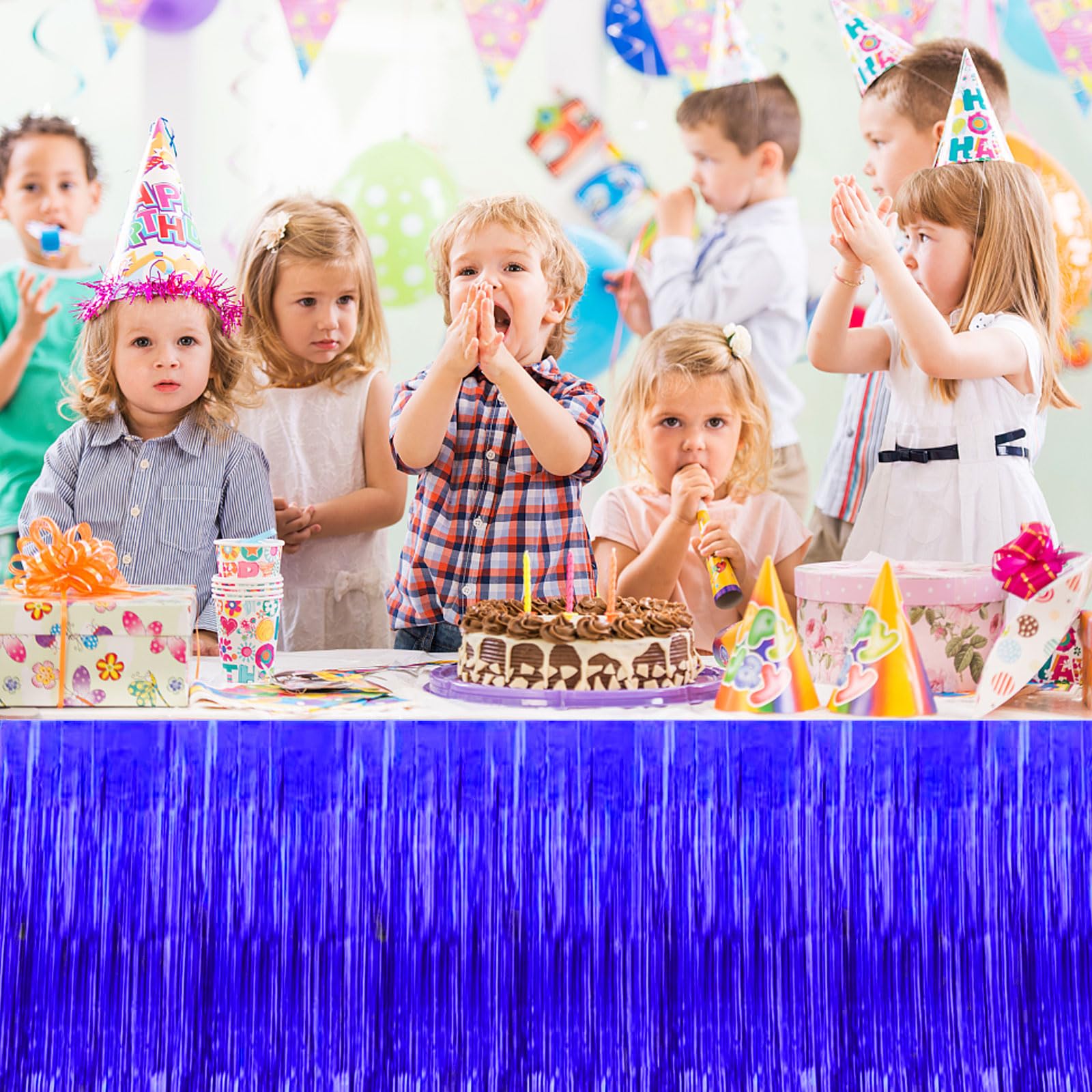 Jojofuny Metallic Blue Fringe Table Skirts - 4 Pack Tinsel Garland For Party Decorations
