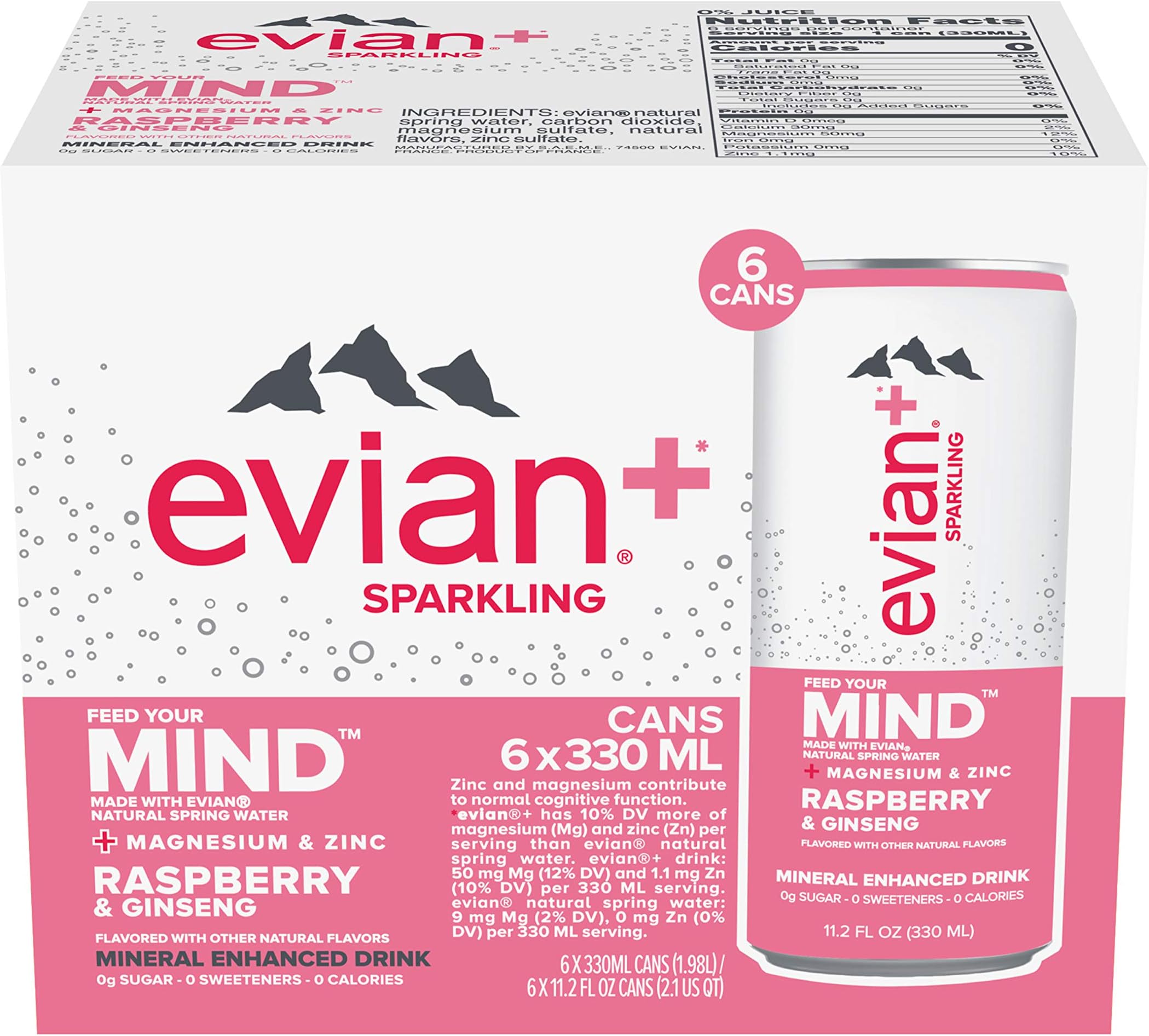 evian+ Sparkling Mineral Enhanced Drink, Raspberry & Ginseng, 11.2 fl oz cans, 6 pack