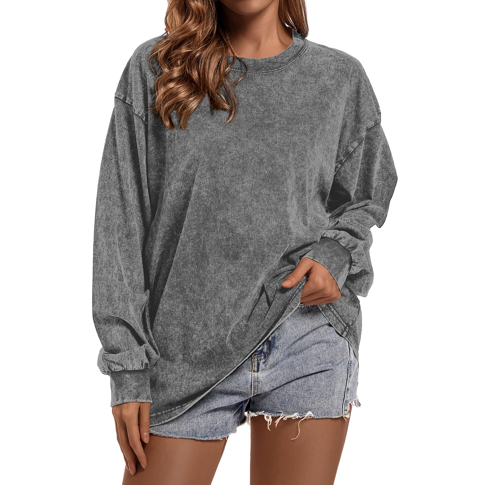 BINTEHGS Camisetas de manga larga de gran tamaño con cuello redondo para mujer, ajuste holgado, vintage, lavado ácido, camiseta básica de color sólido