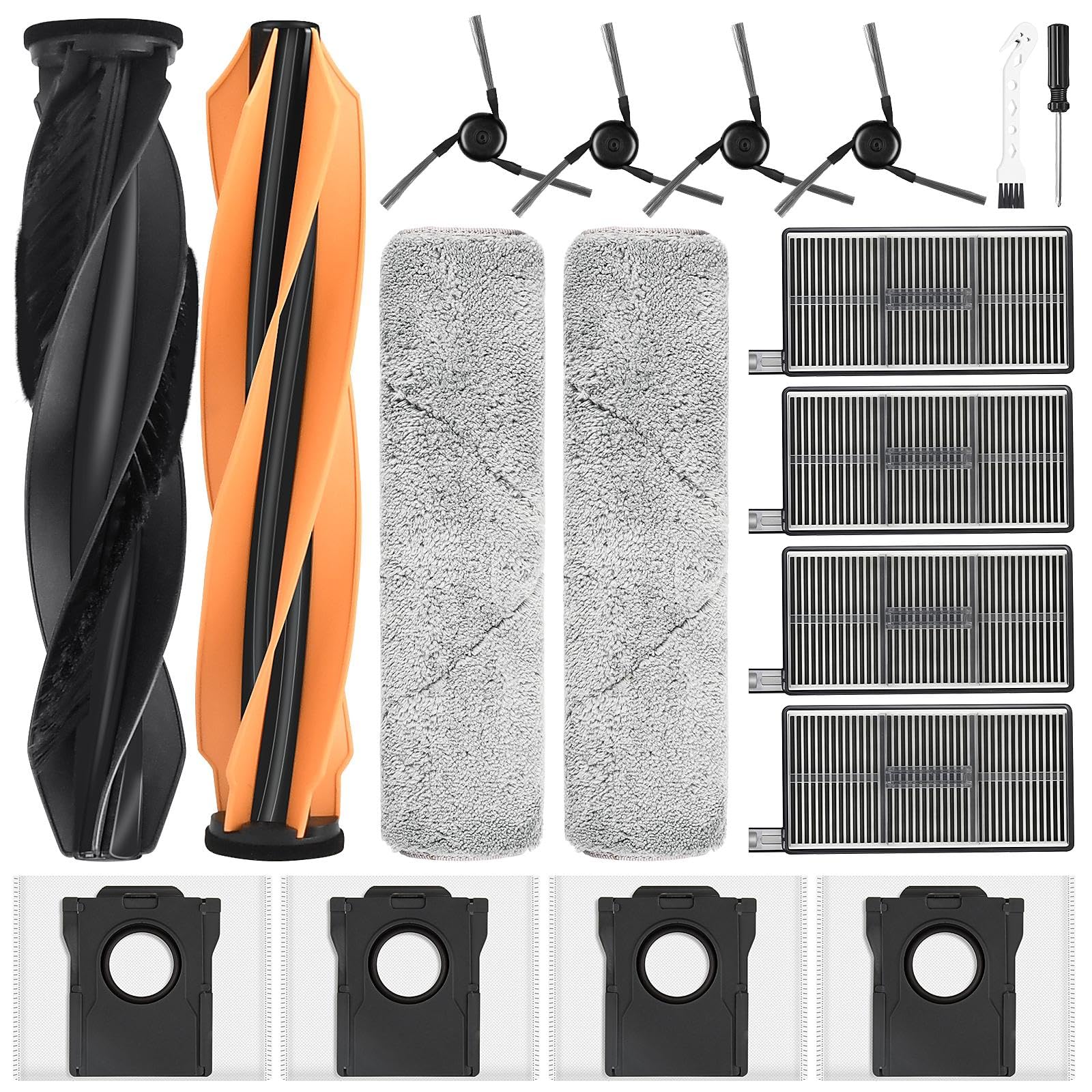 Pack of 18 Accessories for Dreame Aqua10 Ultra Track Complete Robot Vacuum Cleaner, Replacement Parts with 2 Mop Rollers, 2 Main Brushes, 4 Dust Bags, 4 Side Brushes, 4 Filters, 1 Cleaning Brush, 1 โ image 1