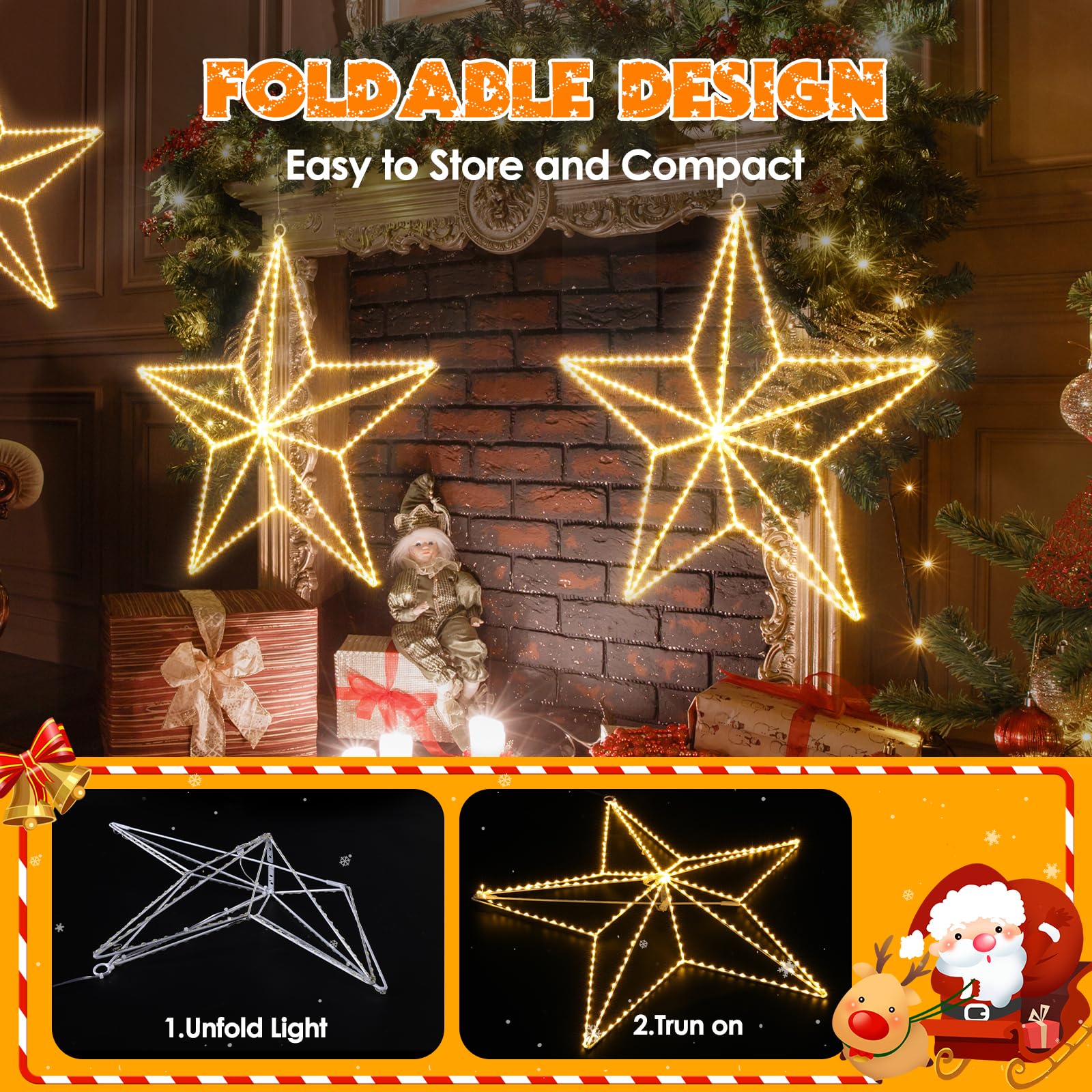 Quntis 50cm 282 LED Weihnachtsstern beleuchtet, 3D Große Weihnachtsdeko Strombetrieb Warmweiß, Stern Fensterdeko faltbar, Weihnachtsbeleuchtung Innen Außen für Fenster Wand Tür Balkon Terrasse Garten