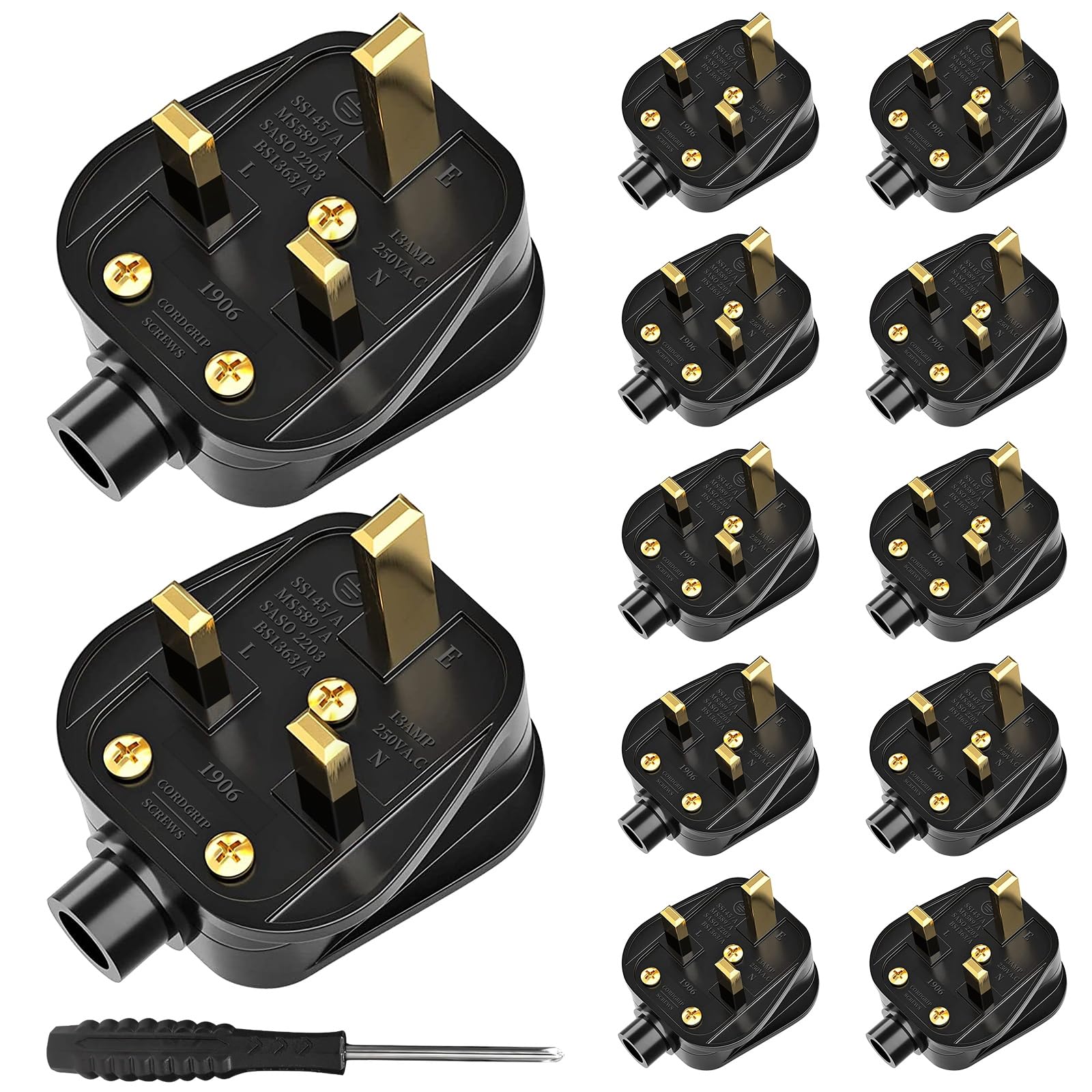 UK Plugs with 13 AMP Fused, 3 pin Mains Plug with Cord Grip Rewireable Heavy Duty Electrical Plug, Rubber Composite Plug