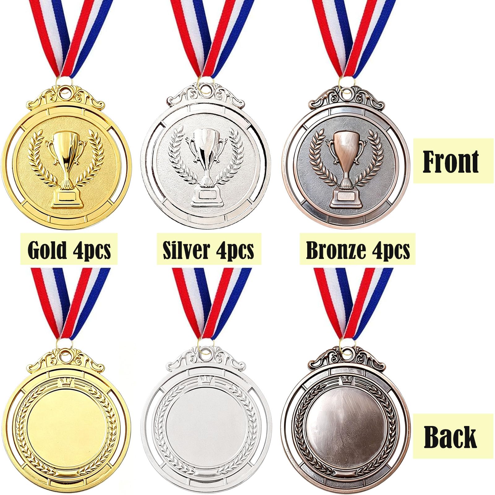 12 sztuk medali nagród, złote srebrne brązowe medale ze wstążkami na szyję, medale nagrody dla dzieci, na zawody, imprezy, sport, styl olimpijski
