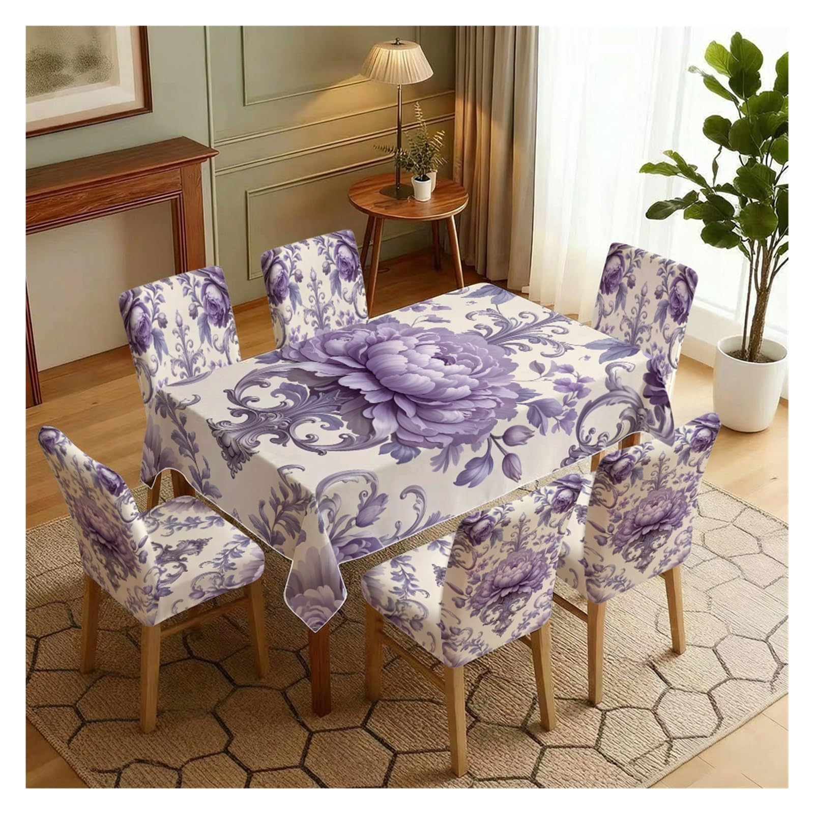 BOSUYBN Vintage Purple Peony Rose Damask Floral Dining Tablecloth & Chair Covers Set, 5/7 Piece Elegant Baroque Classic Dining Room Home Decor Table Setting(7pcs Set: Tablecloth+Chair Covers)